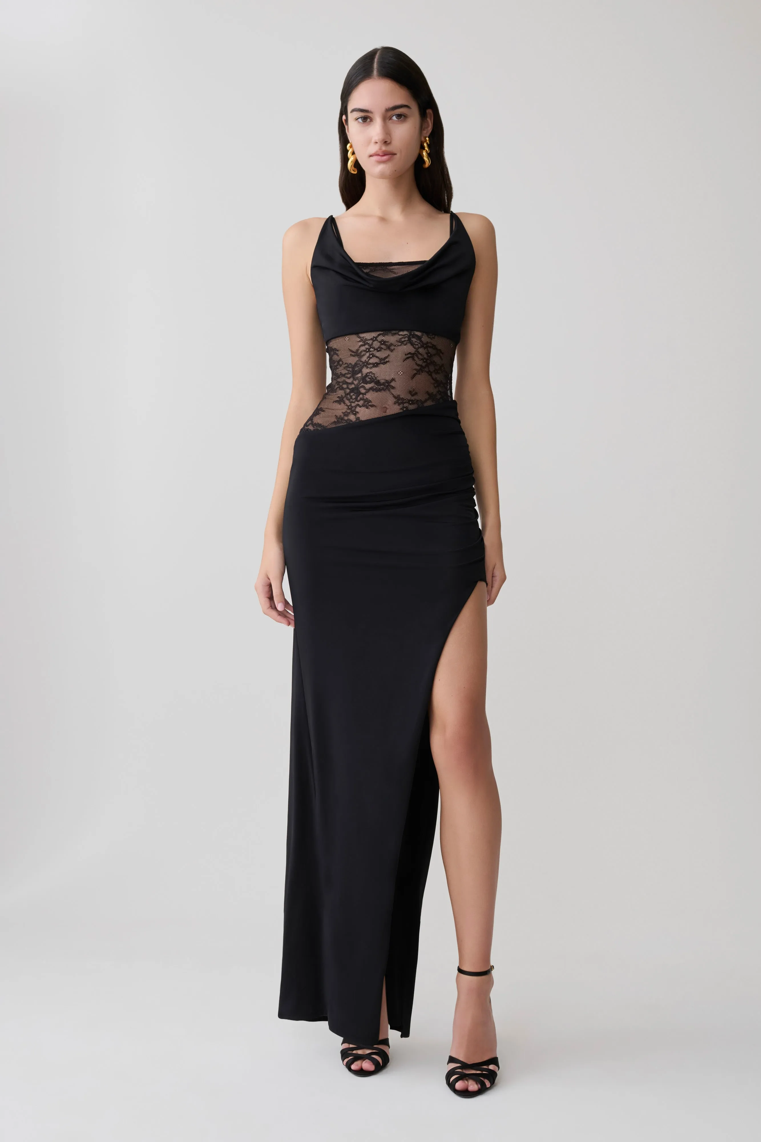 Kelela Draped Slinky And Lace Maxi Dress - Black sold by Meshki