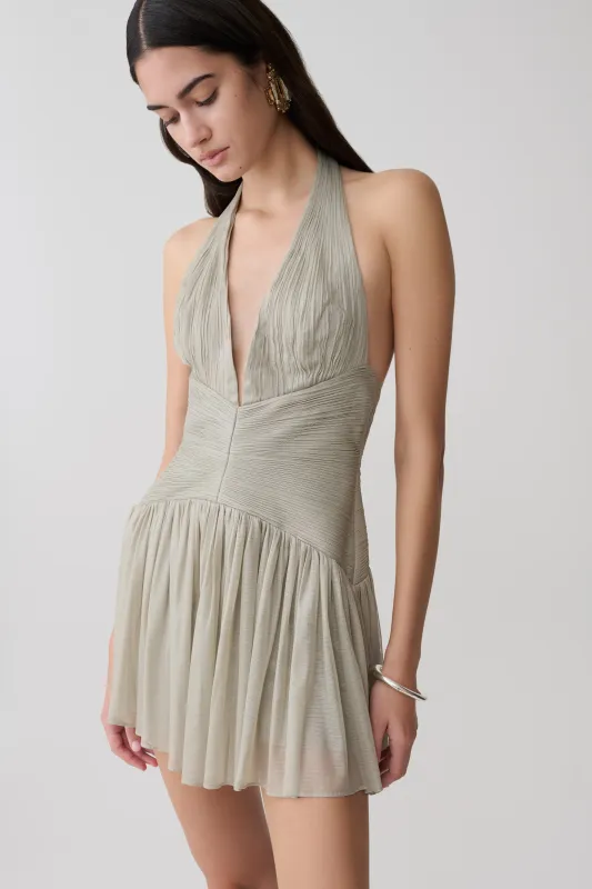 Lucille Halter Pleated Mini Dress - Silver made by Meshki