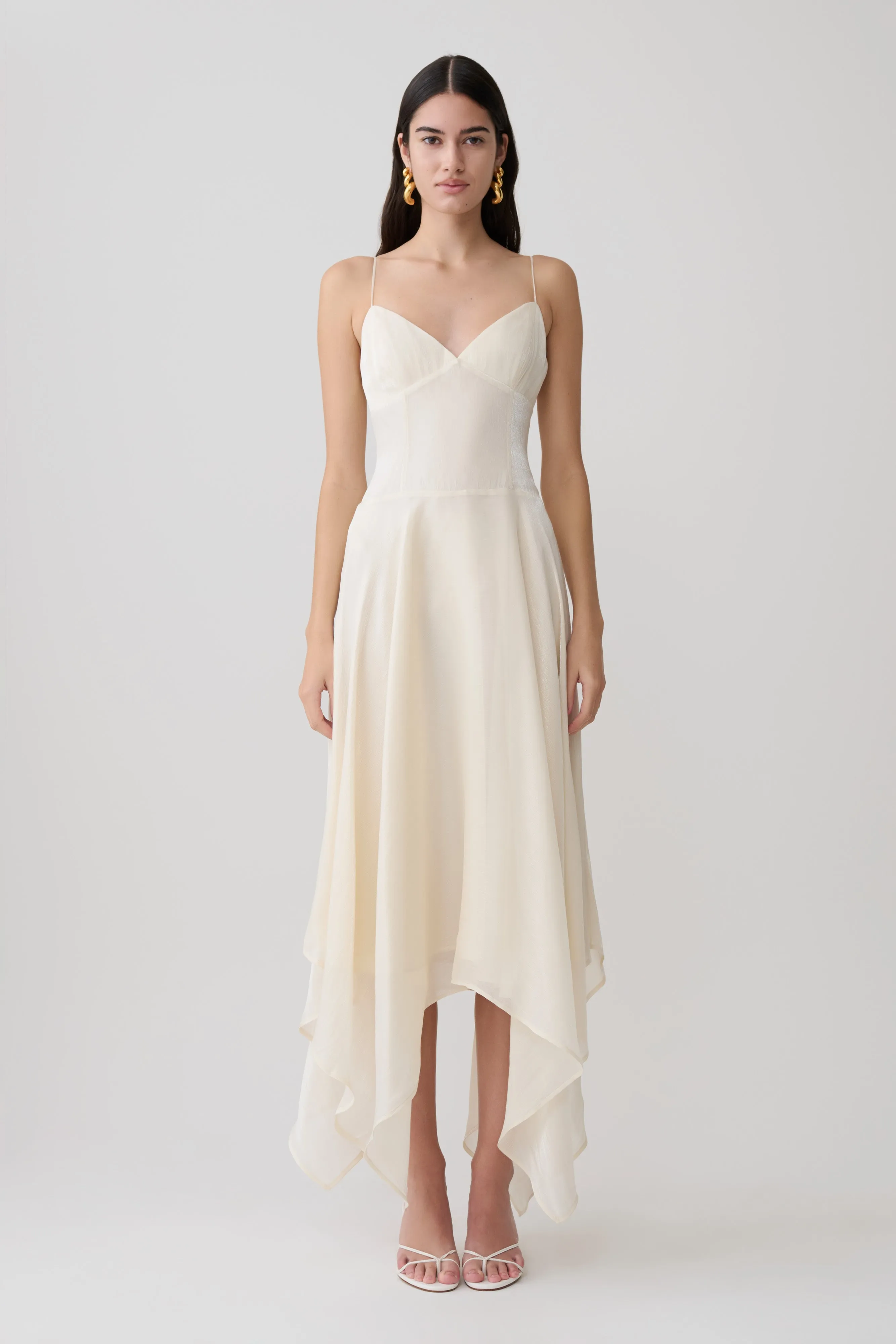 Naomi Satin Asymmetric Hem Maxi Dress - Ivory sold by Meshki