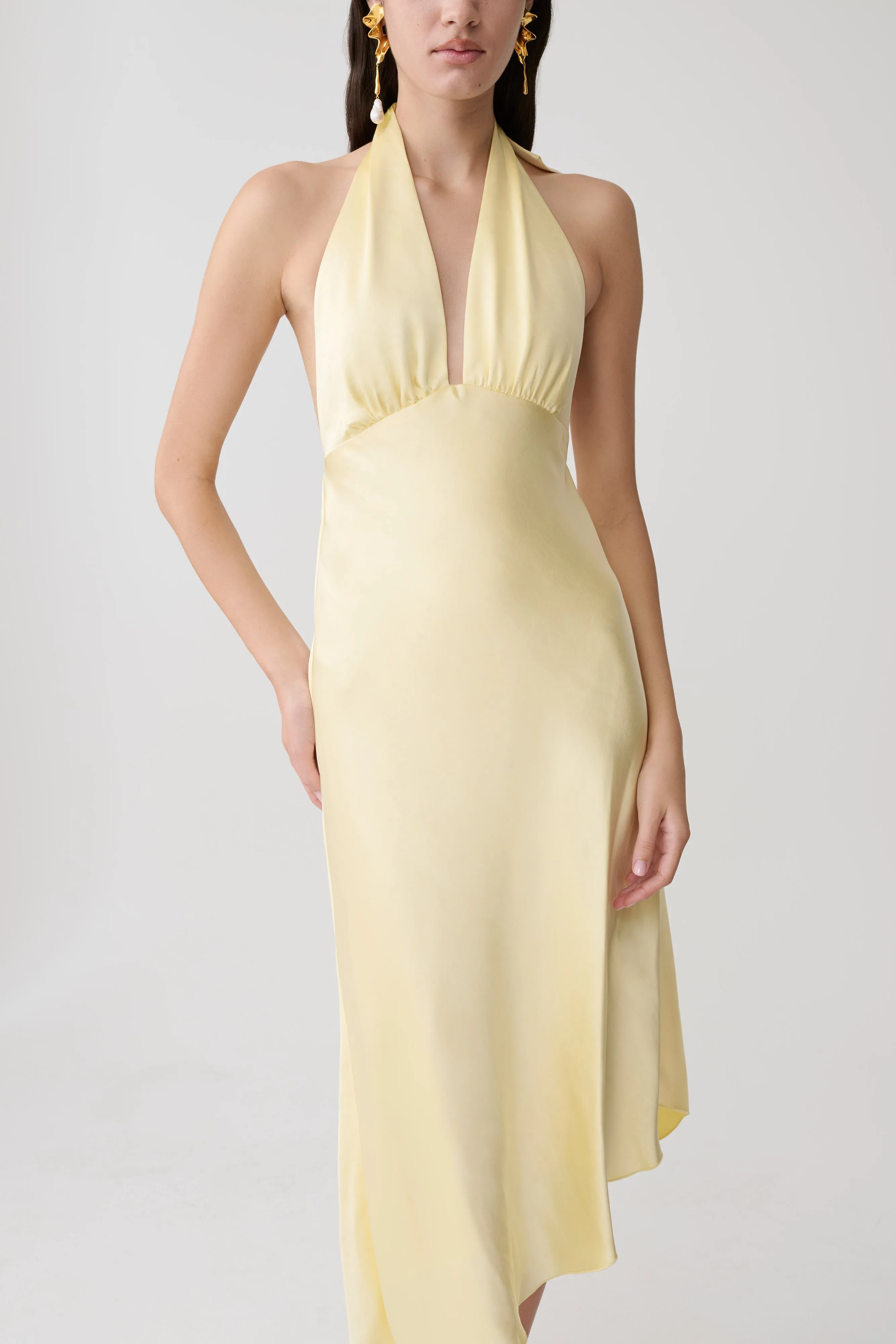 Adelie Asymmetric Hem Halter Midi Dress - Butter sold by Meshki product image thumbnail 3