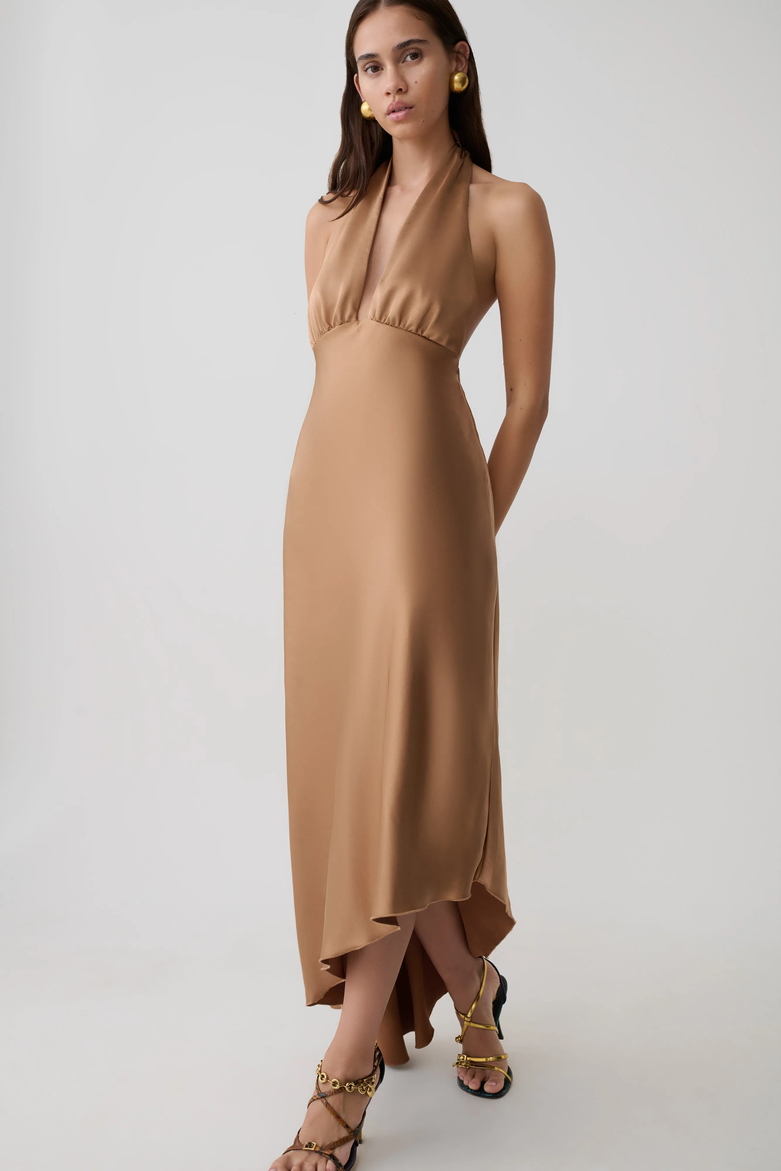 Adelie Asymmetric Hem Halter Midi Dress - Cognac sold by Meshki product image thumbnail 3