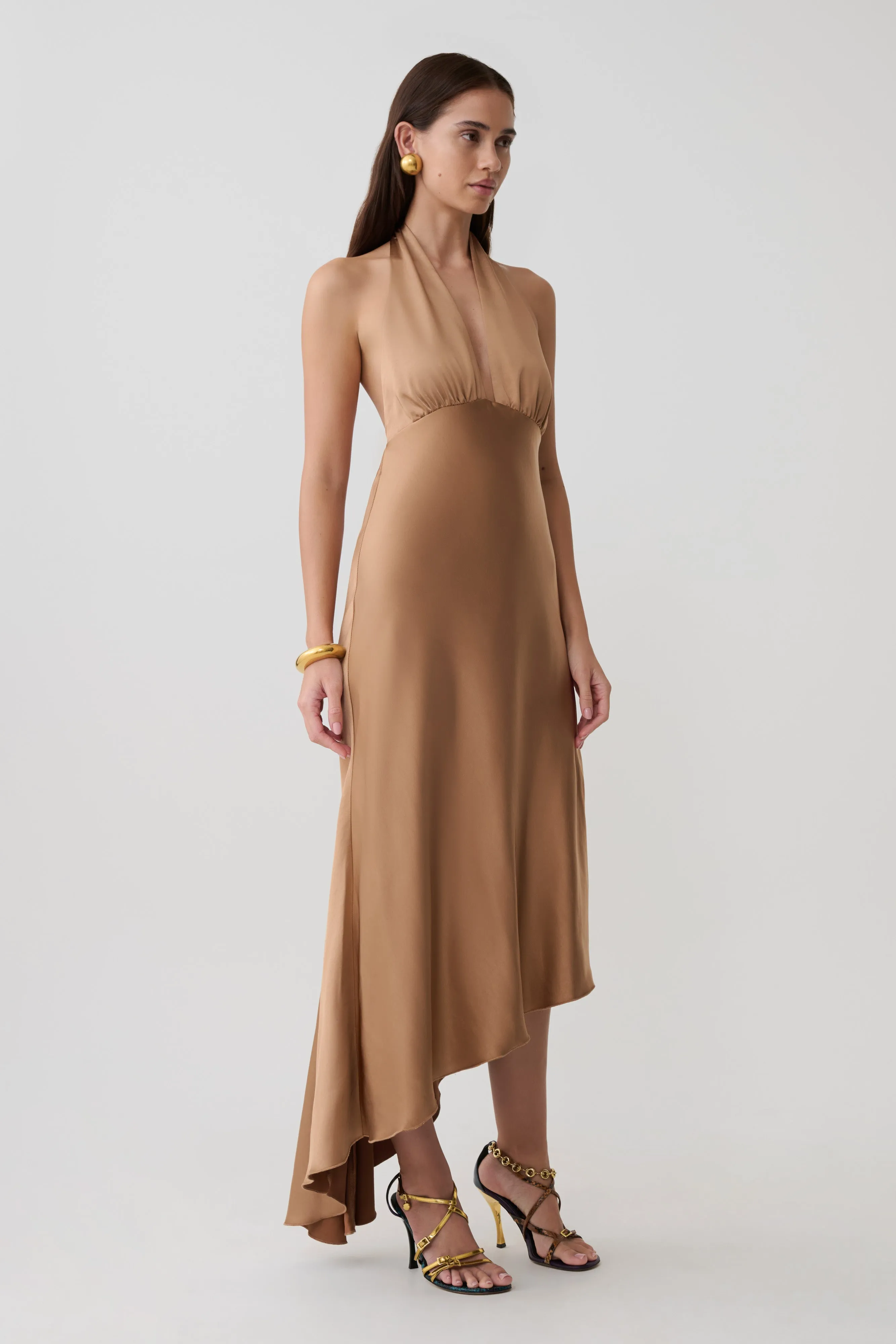 Adelie Asymmetric Hem Halter Midi Dress - Cognac sold by Meshki product image thumbnail 4
