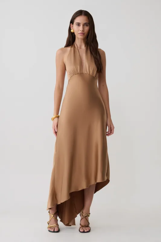 Adelie Asymmetric Hem Halter Midi Dress - Cognac made by Meshki