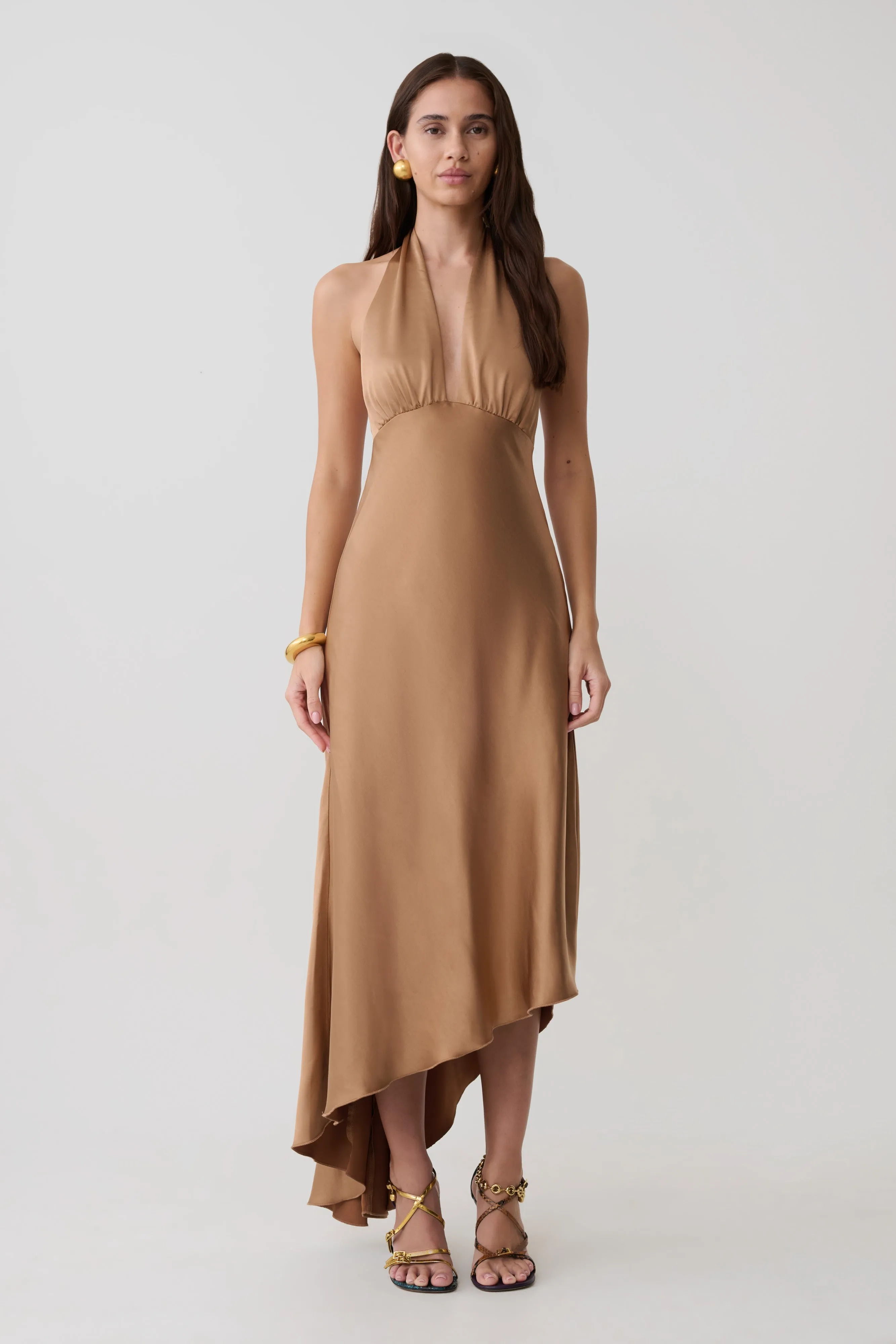 Adelie Asymmetric Hem Halter Midi Dress - Cognac sold by Meshki product image thumbnail 5