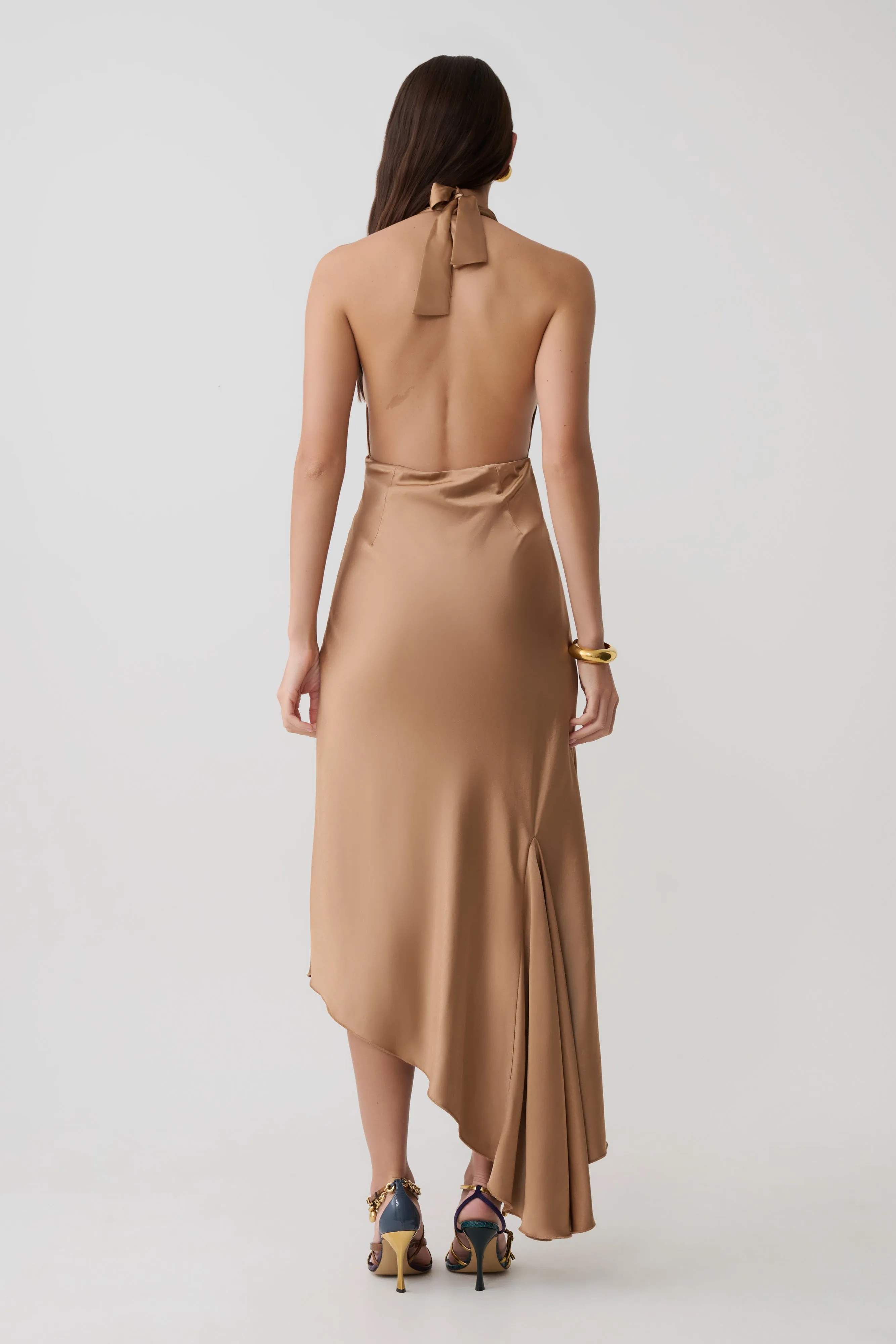 Adelie Asymmetric Hem Halter Midi Dress - Cognac sold by Meshki product image thumbnail 2