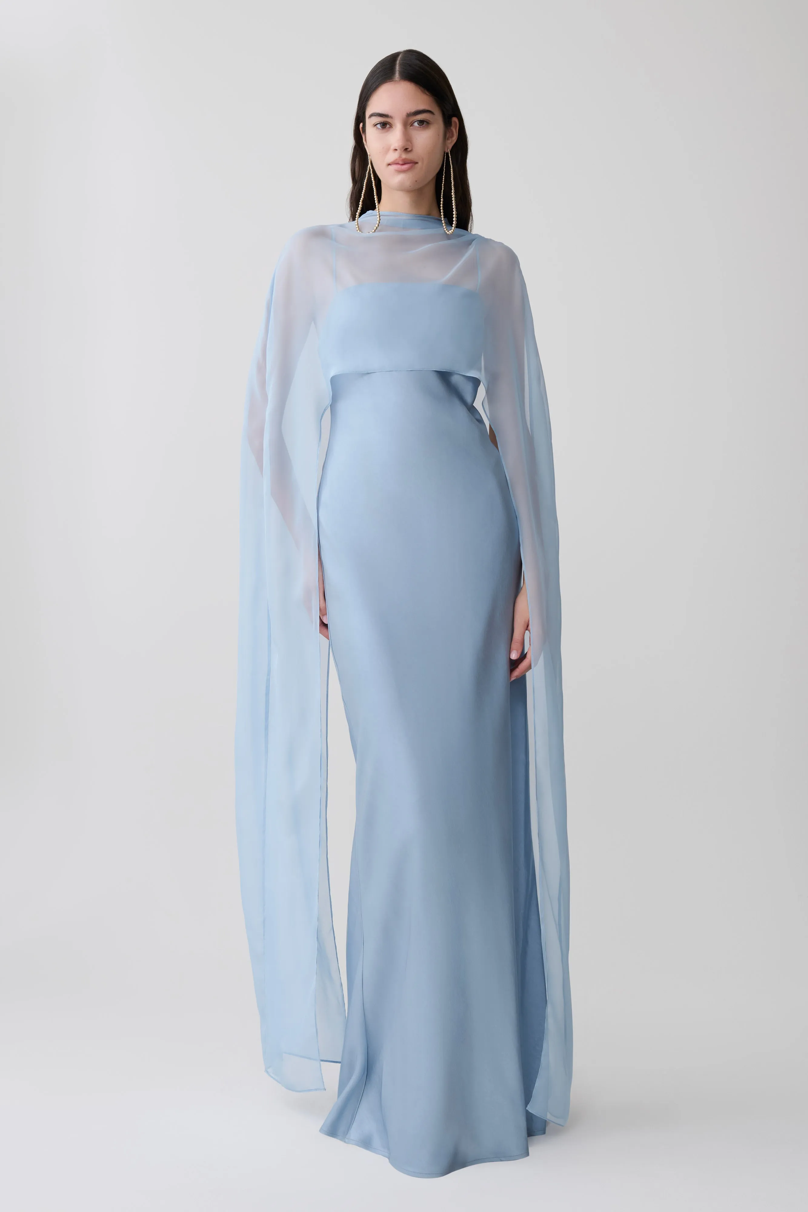 Martinne Chiffon Cape Maxi Dress - Arctic Blue sold by Meshki