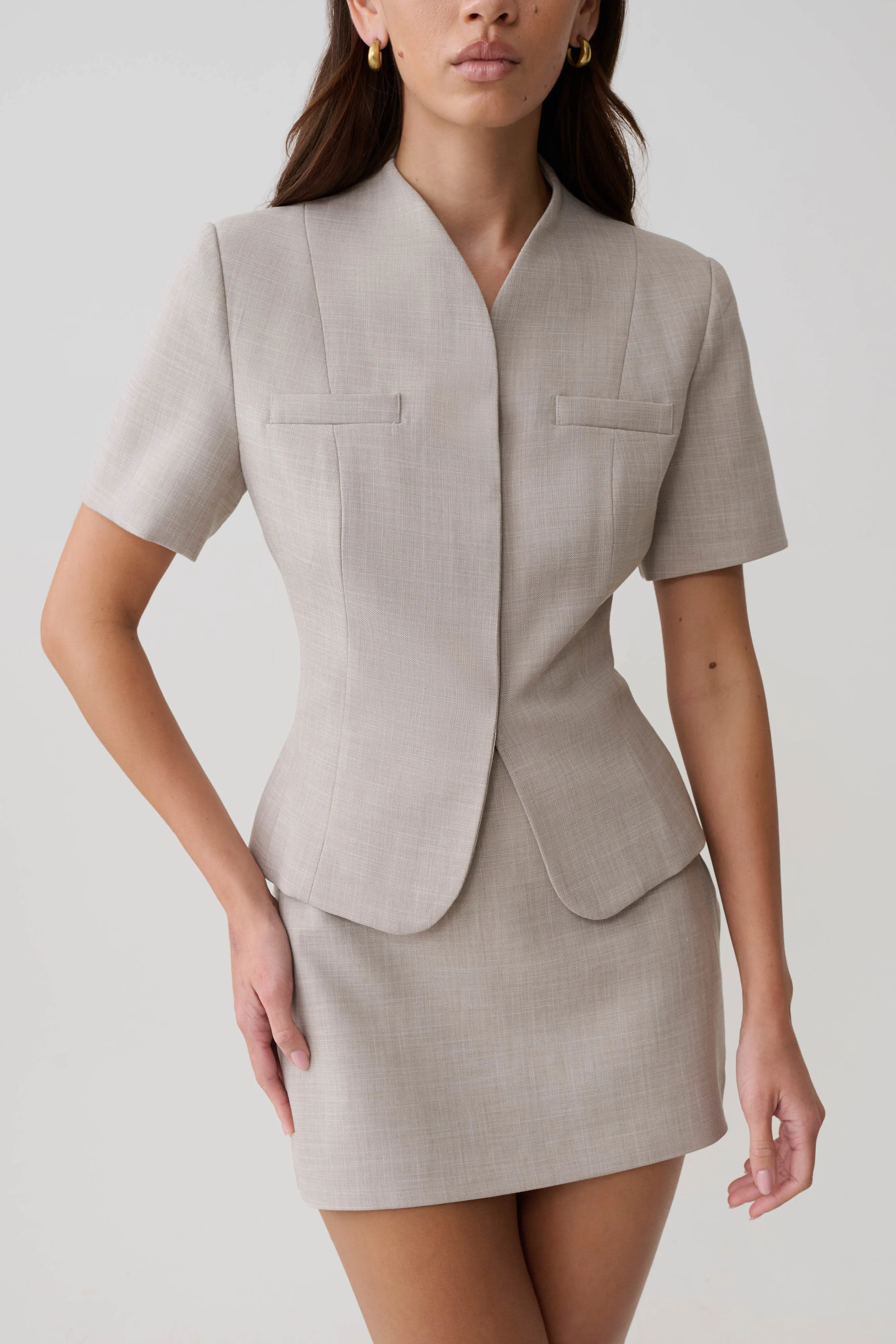Laila Suiting Short Sleeve Top - Grey sold by Meshki