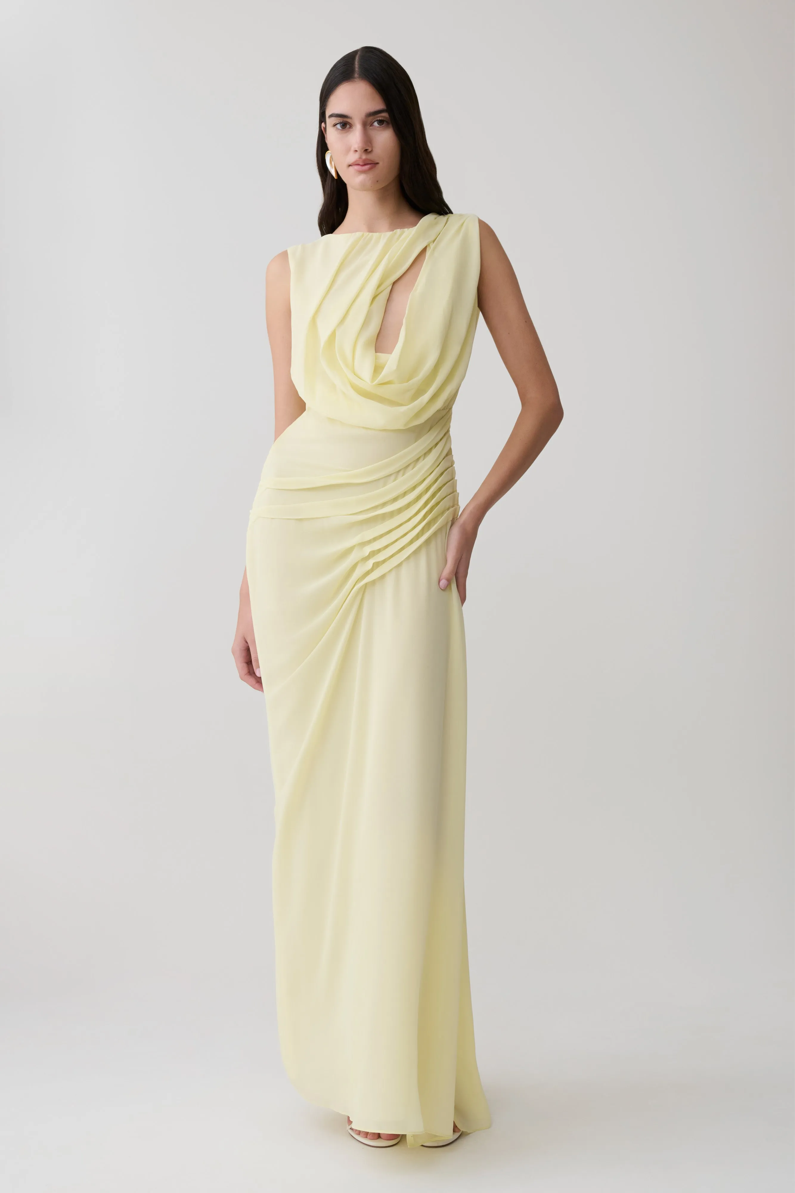 Oria Chiffon Maxi Dress - Pastel Lemon sold by Meshki