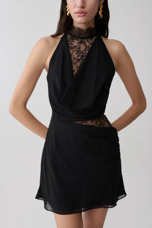 Arra Chiffon And Lace Halter Mini Dress - Black made by Meshki