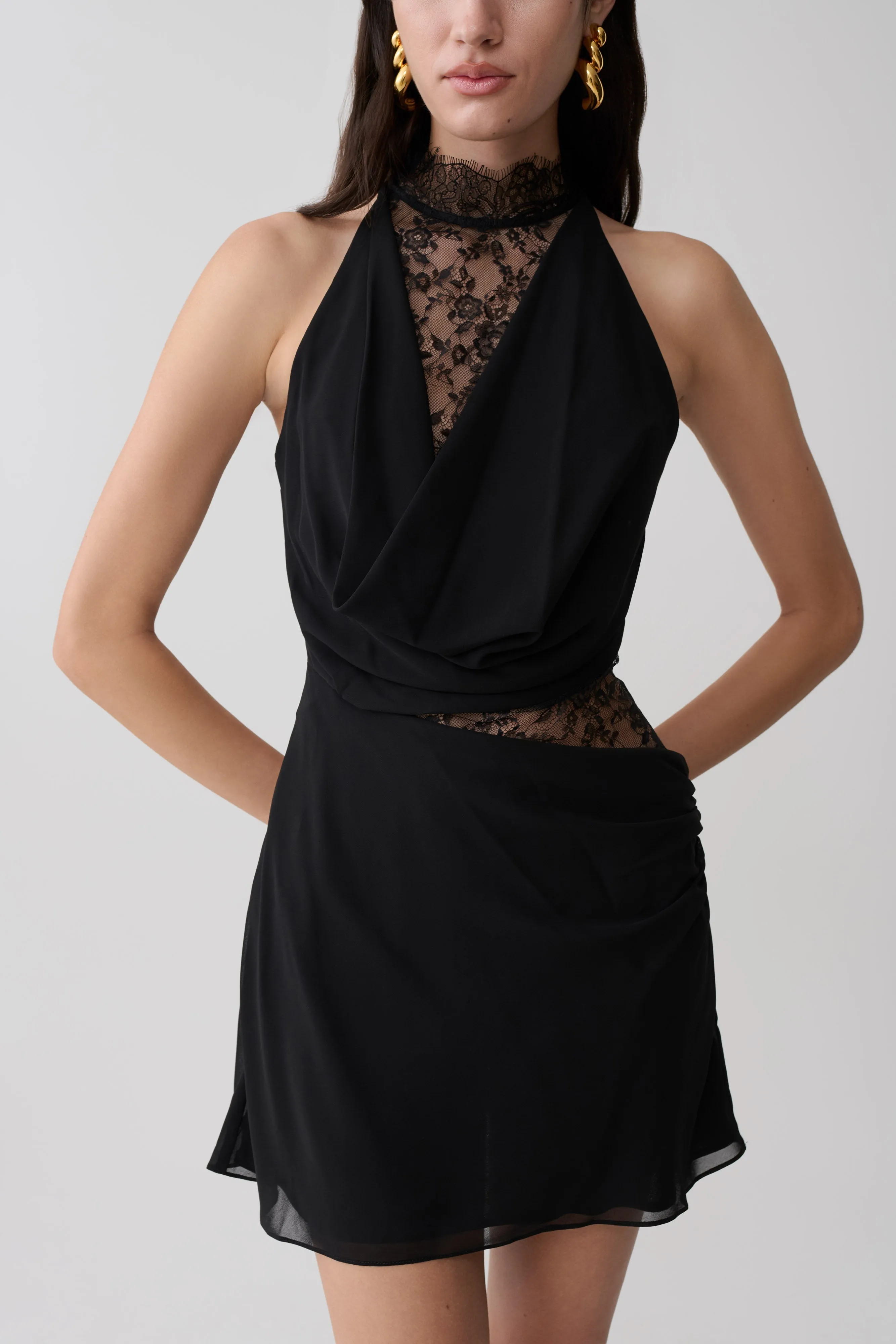 Arra Chiffon And Lace Halter Mini Dress - Black sold by Meshki