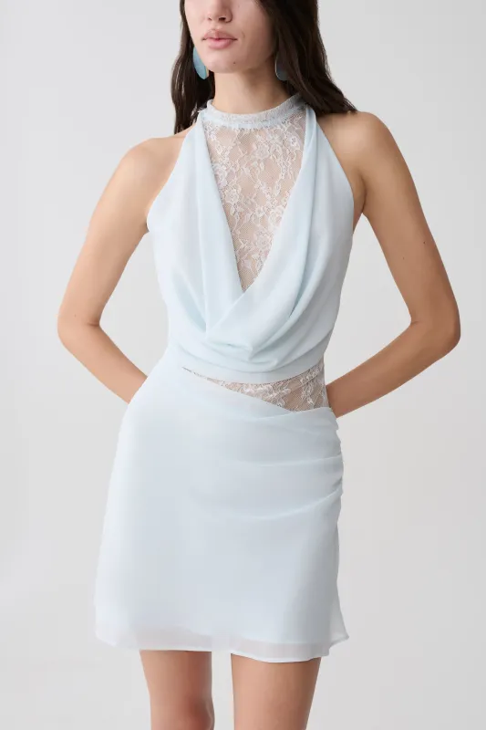 Arra Chiffon And Lace Halter Mini Dress - Ice Blue made by Meshki