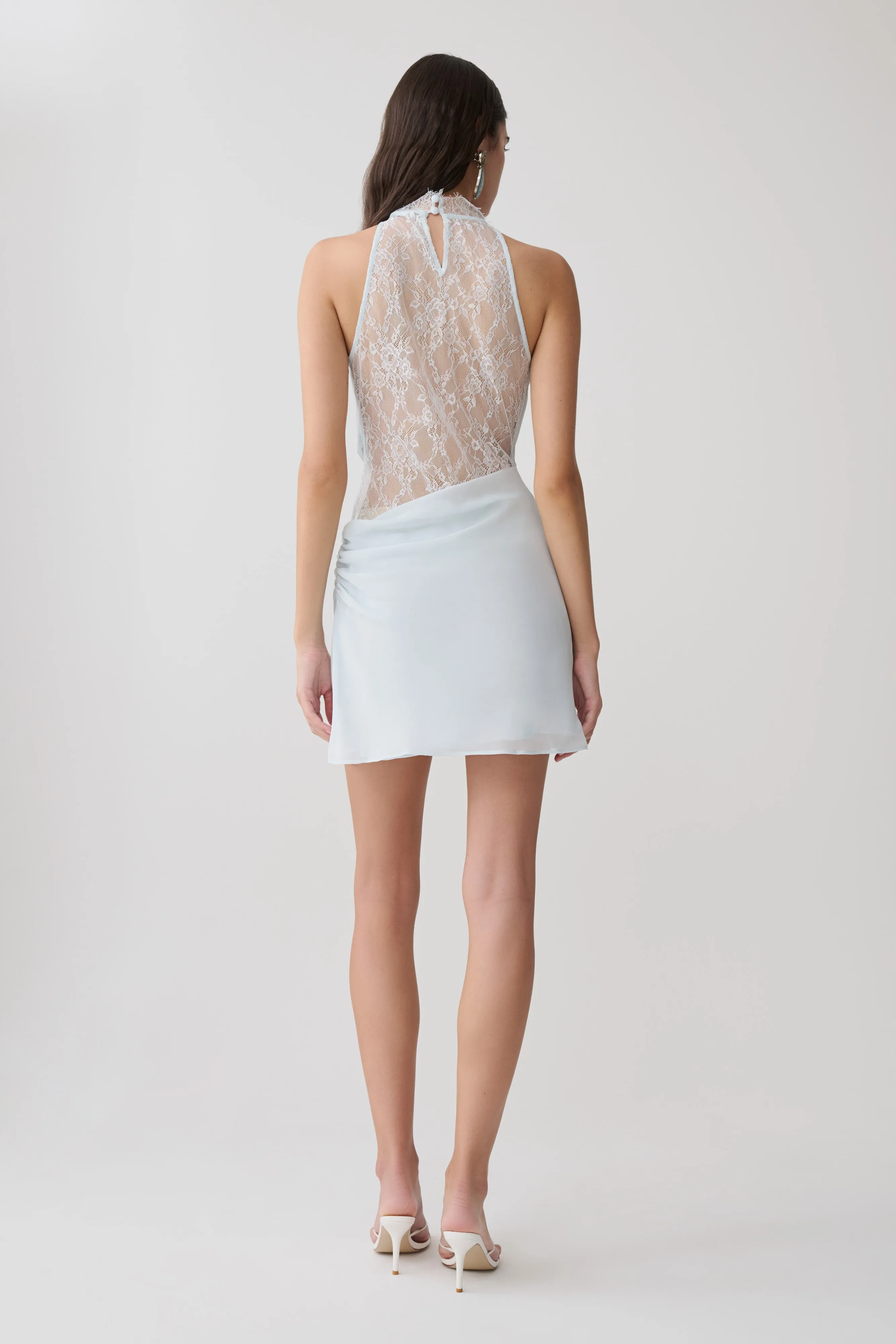 Arra Chiffon And Lace Halter Mini Dress - Ice Blue sold by Meshki product image thumbnail 2