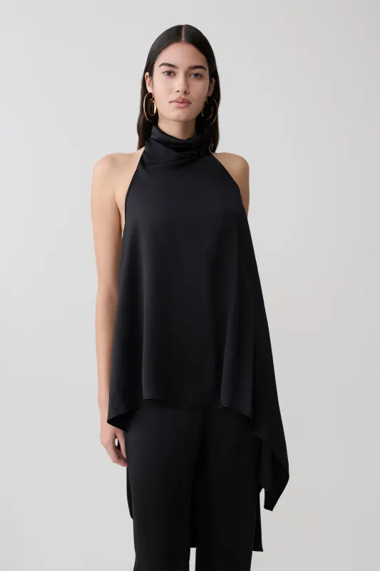 Sydney Asymmetrical Satin Halter Top - Black made by Meshki