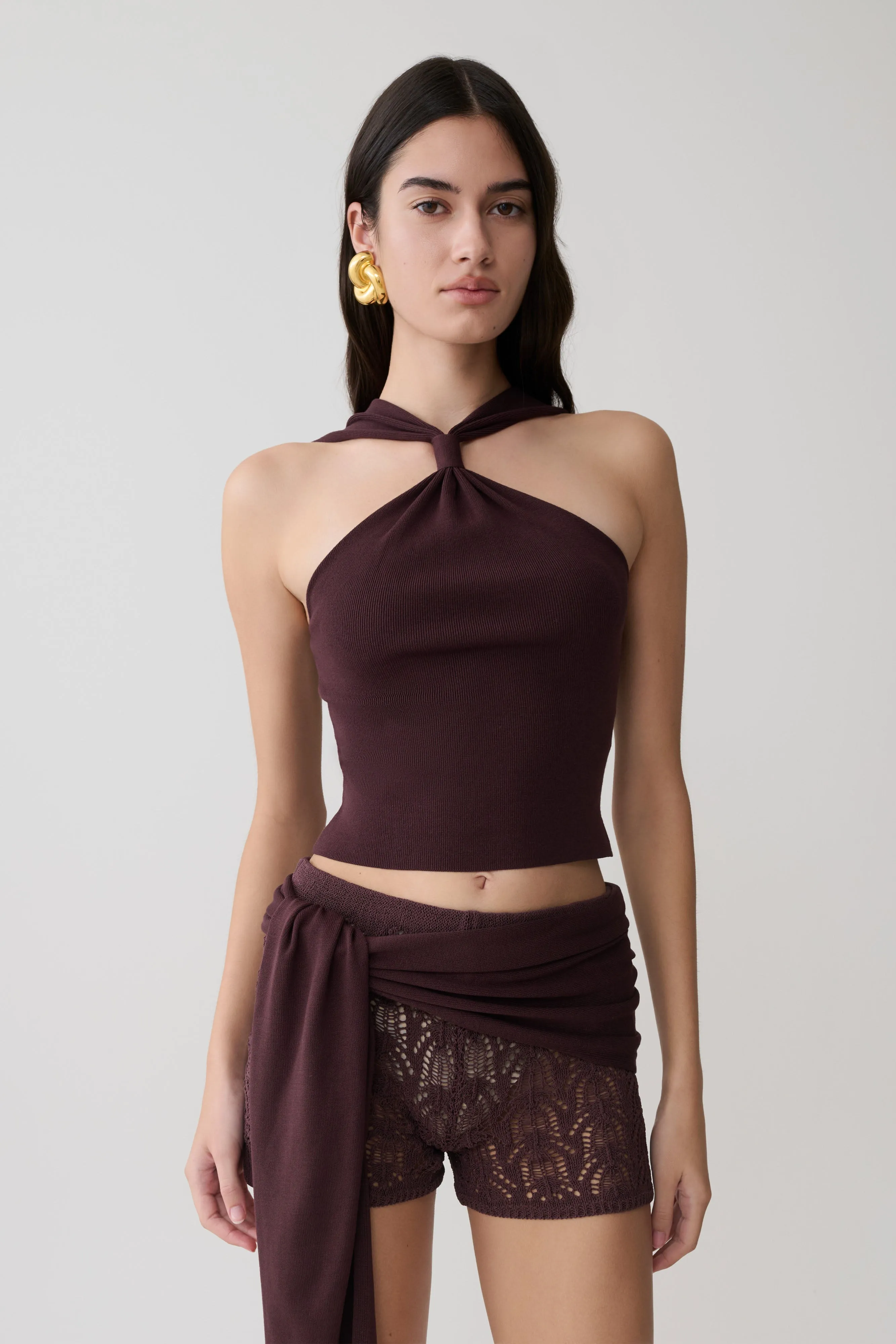 Angelika Twist Front Knit Top - Chocolate sold by Meshki