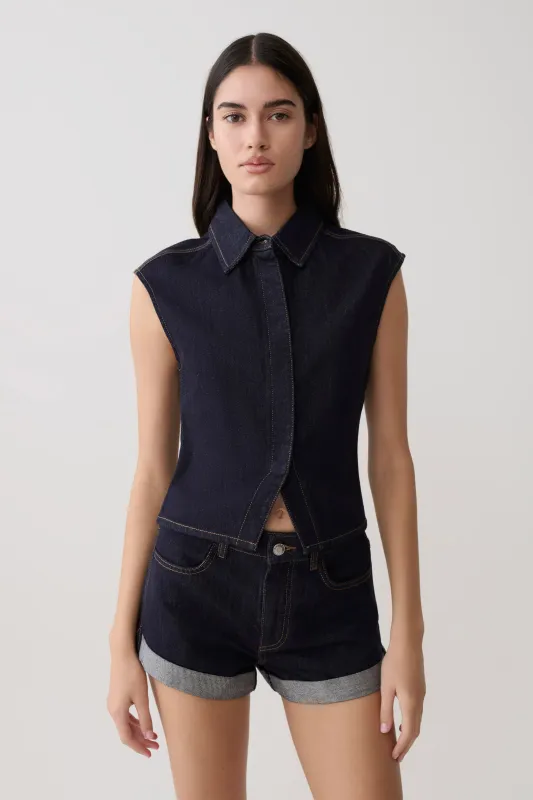 Jeremy Collared Denim Longline Top - Washed Indigo Blue made by Meshki