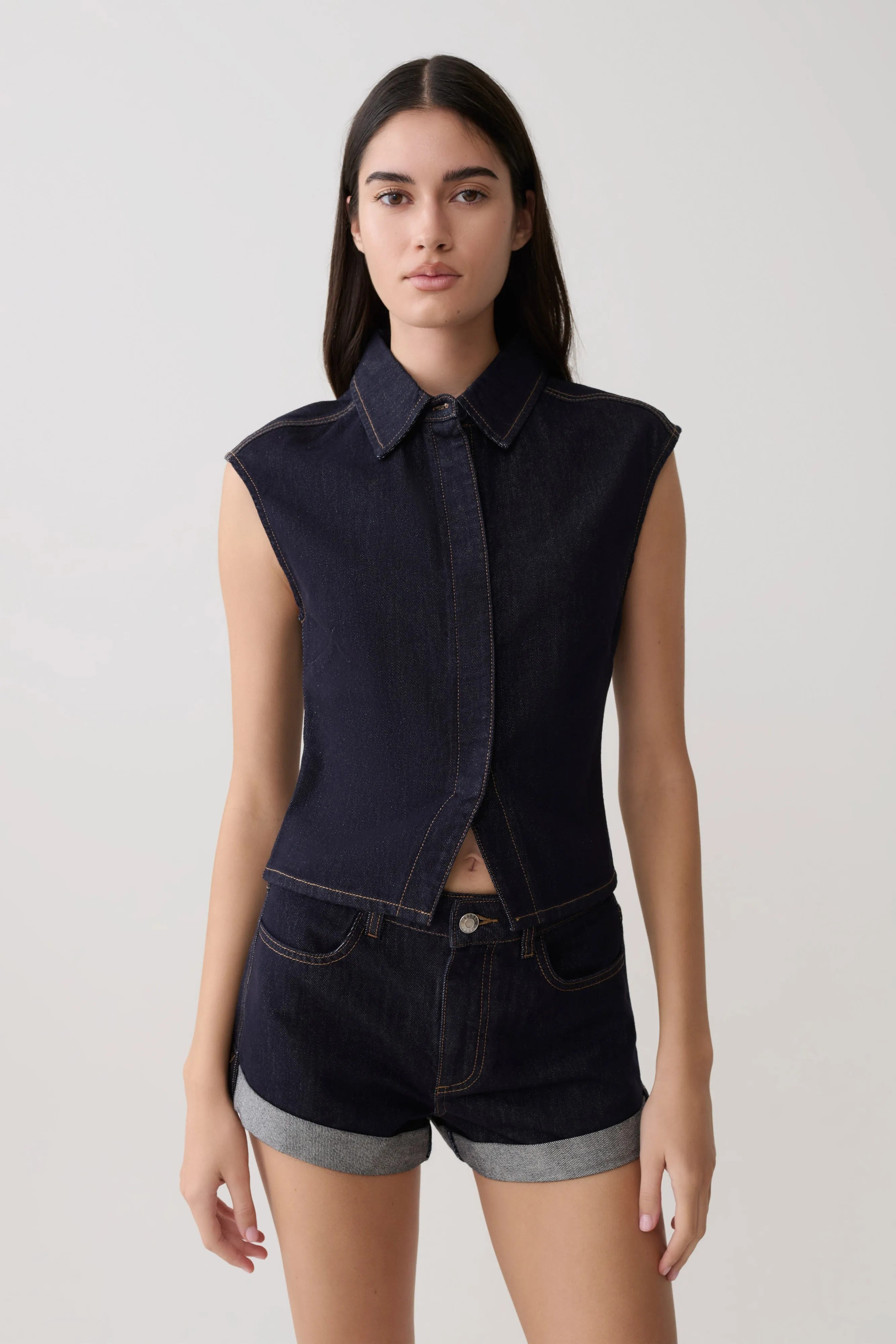 Jeremy Collared Denim Longline Top - Washed Indigo Blue sold by Meshki