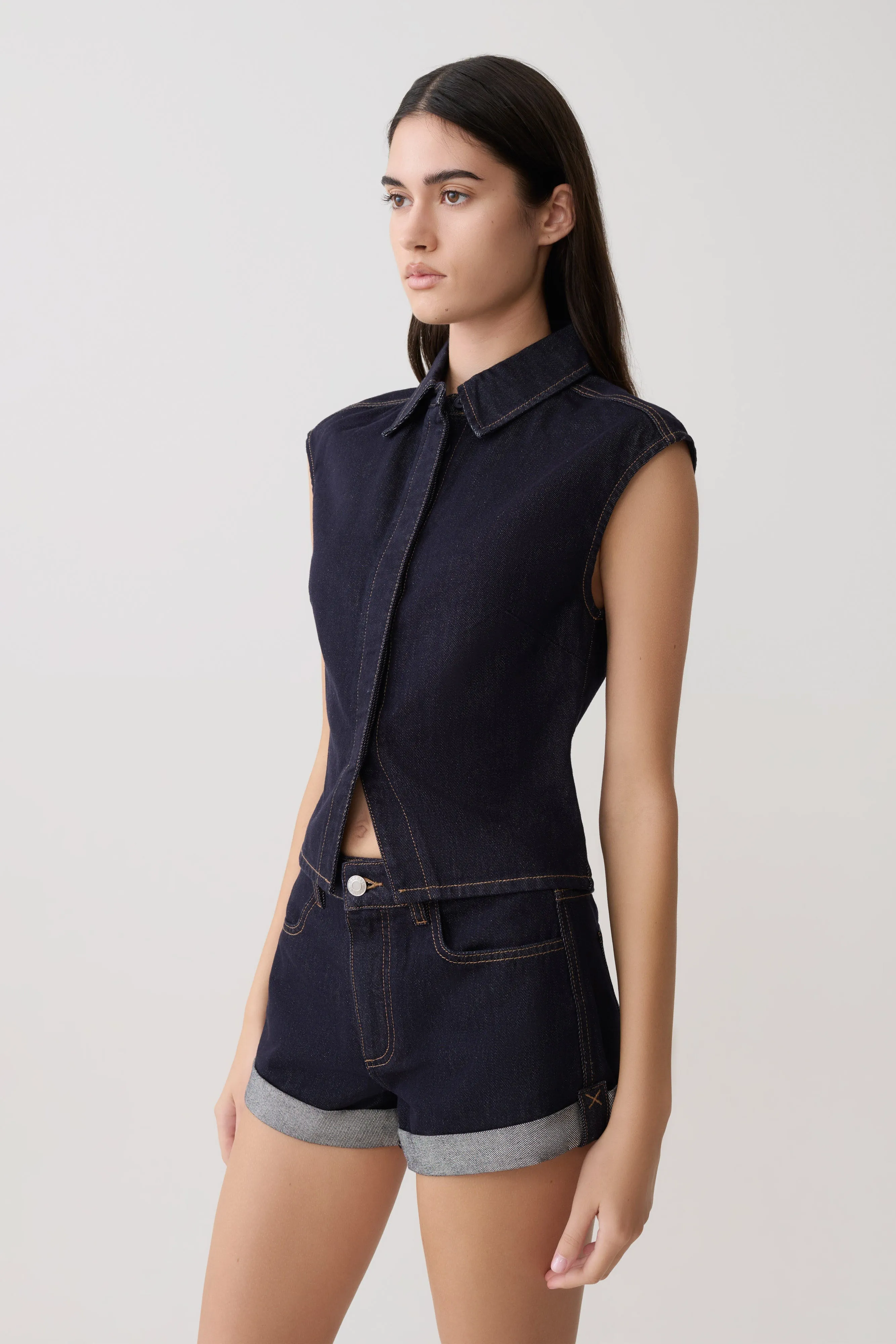 Jeremy Collared Denim Longline Top - Washed Indigo Blue sold by Meshki product image thumbnail 3
