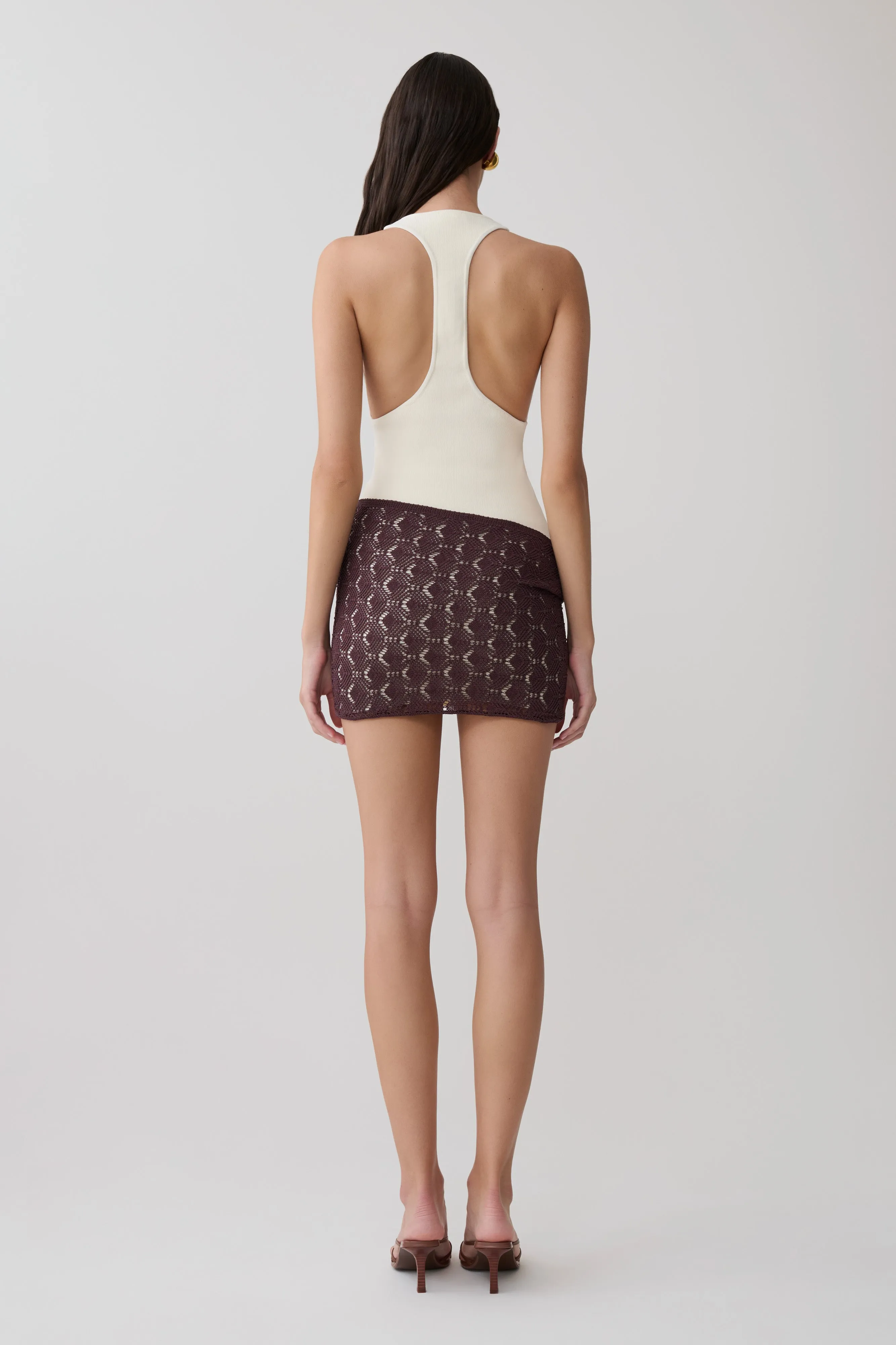 Mollie Mini Dress With Crochet Overlay - White/Chocolate sold by Meshki product image thumbnail 2