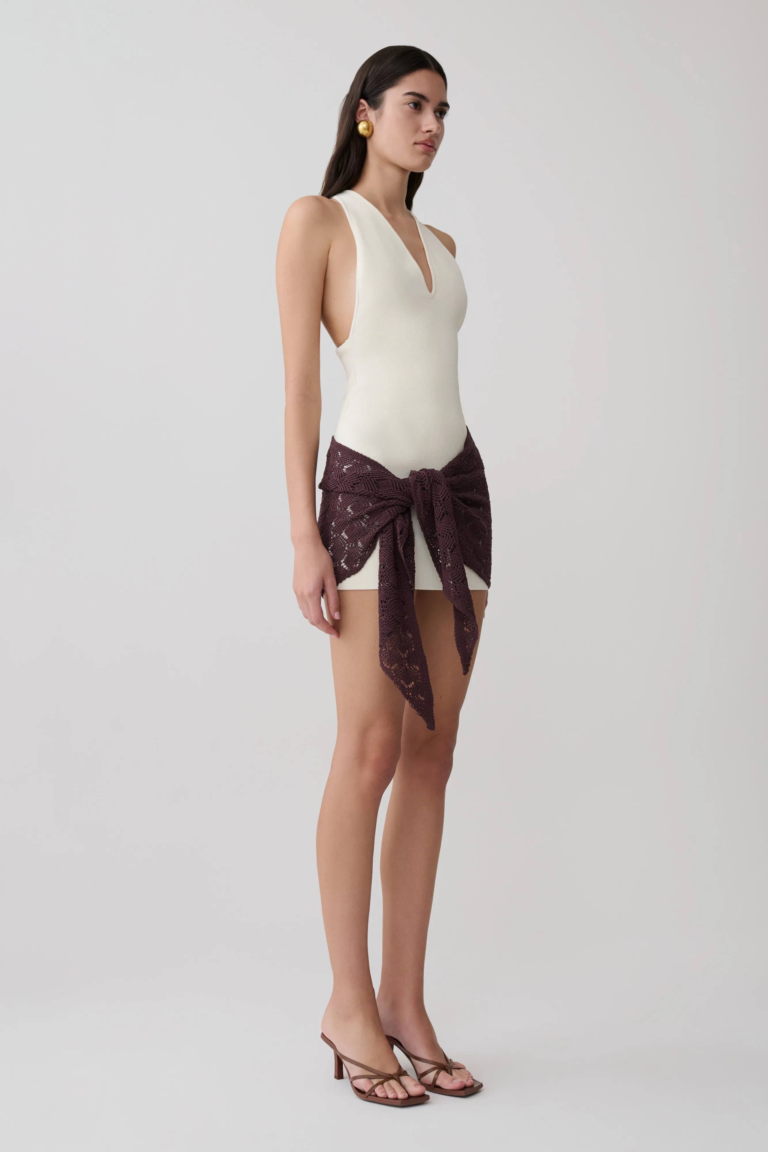 Mollie Mini Dress With Crochet Overlay - White/Chocolate sold by Meshki product image thumbnail 4
