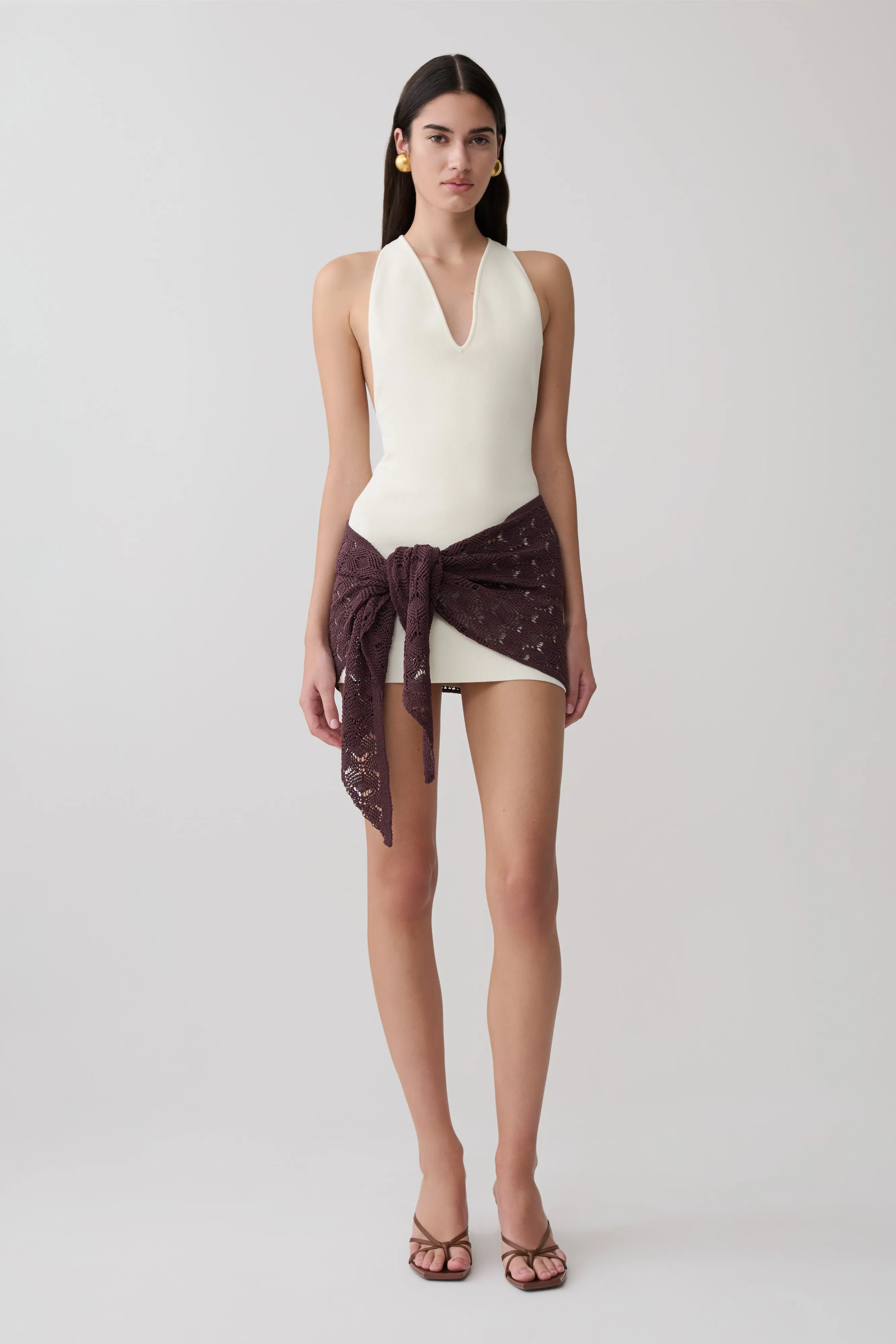 Mollie Mini Dress With Crochet Overlay - White/Chocolate sold by Meshki