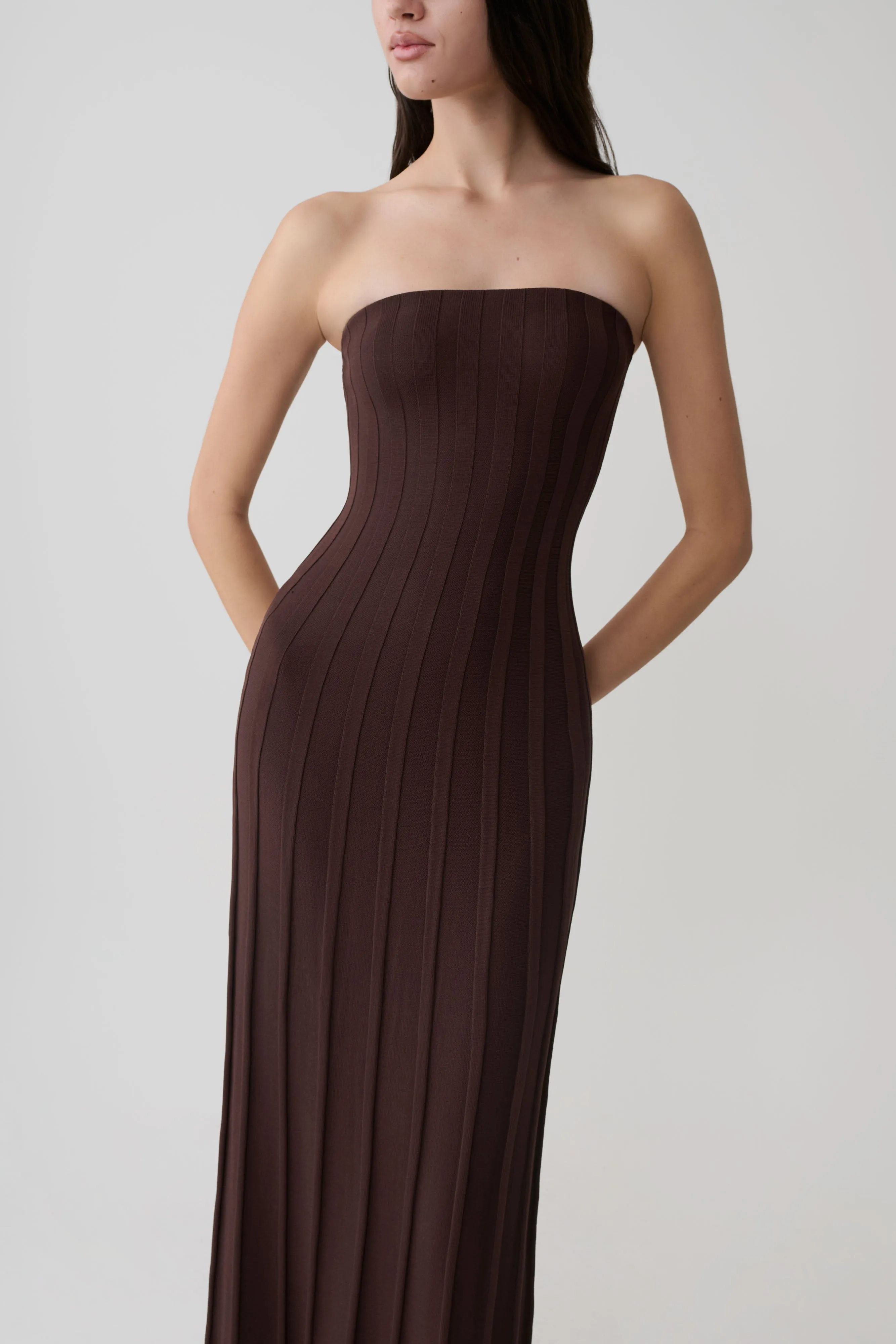 Pia Ribbed Strapless Maxi Dress - Chocolate sold by Meshki product image thumbnail 3