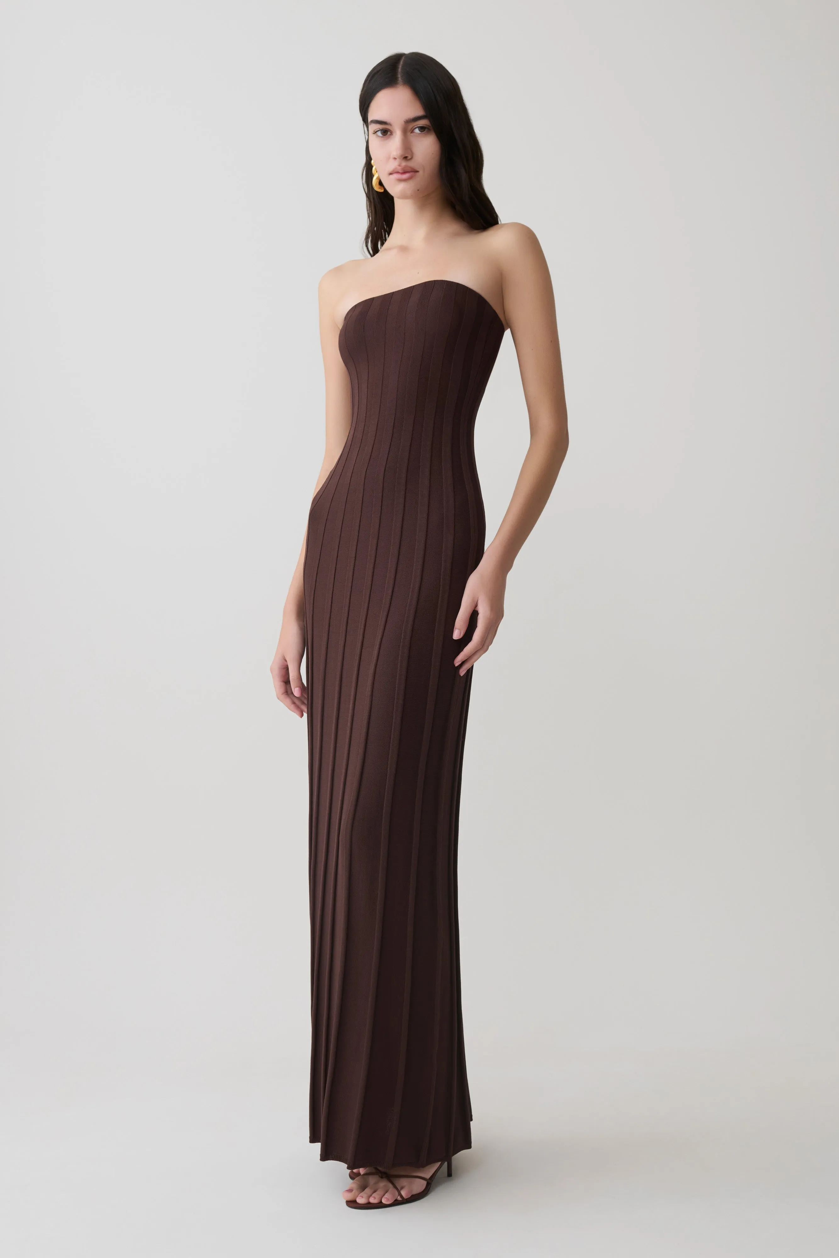 Pia Ribbed Strapless Maxi Dress - Chocolate sold by Meshki product image thumbnail 4