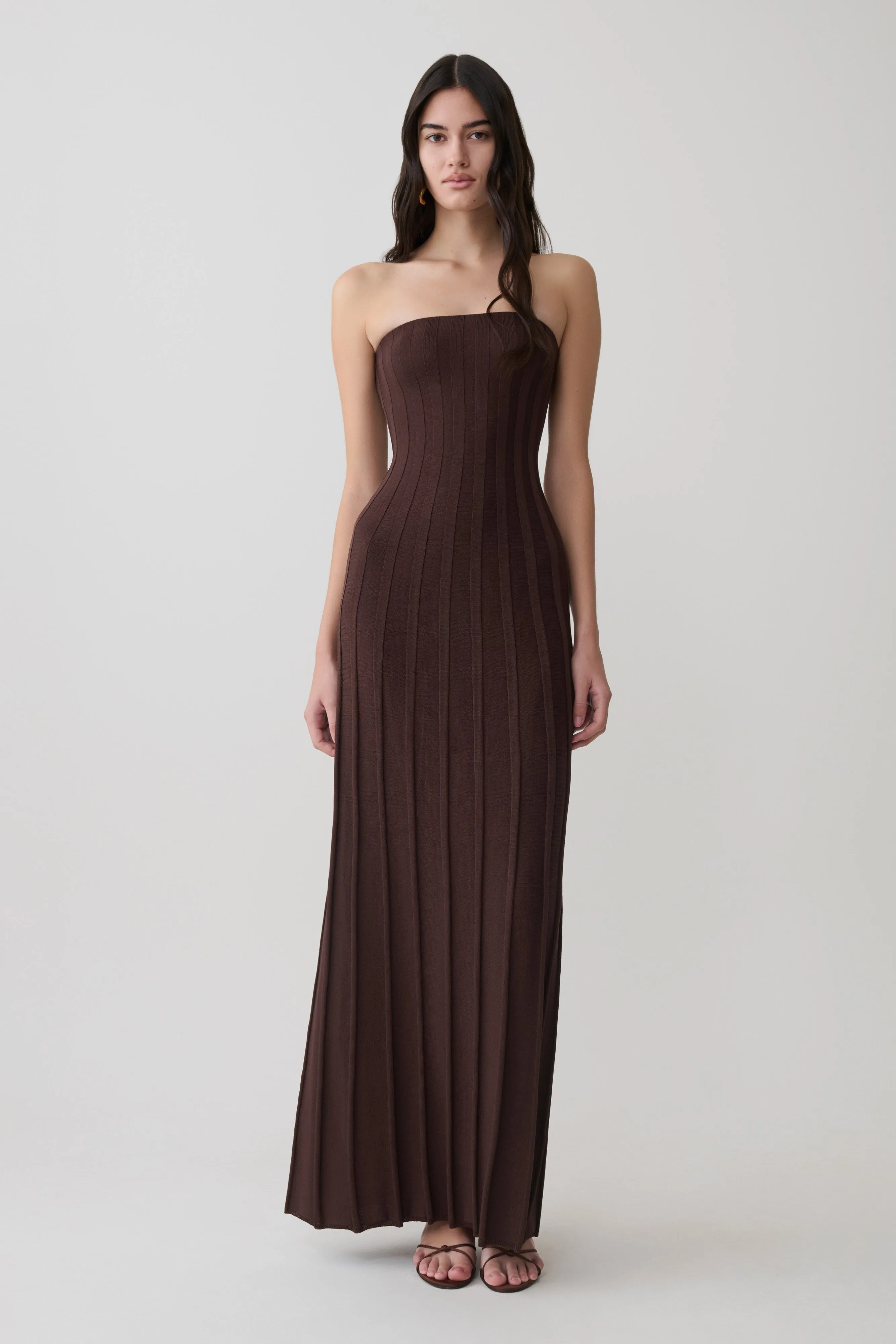 Pia Ribbed Strapless Maxi Dress - Chocolate sold by Meshki