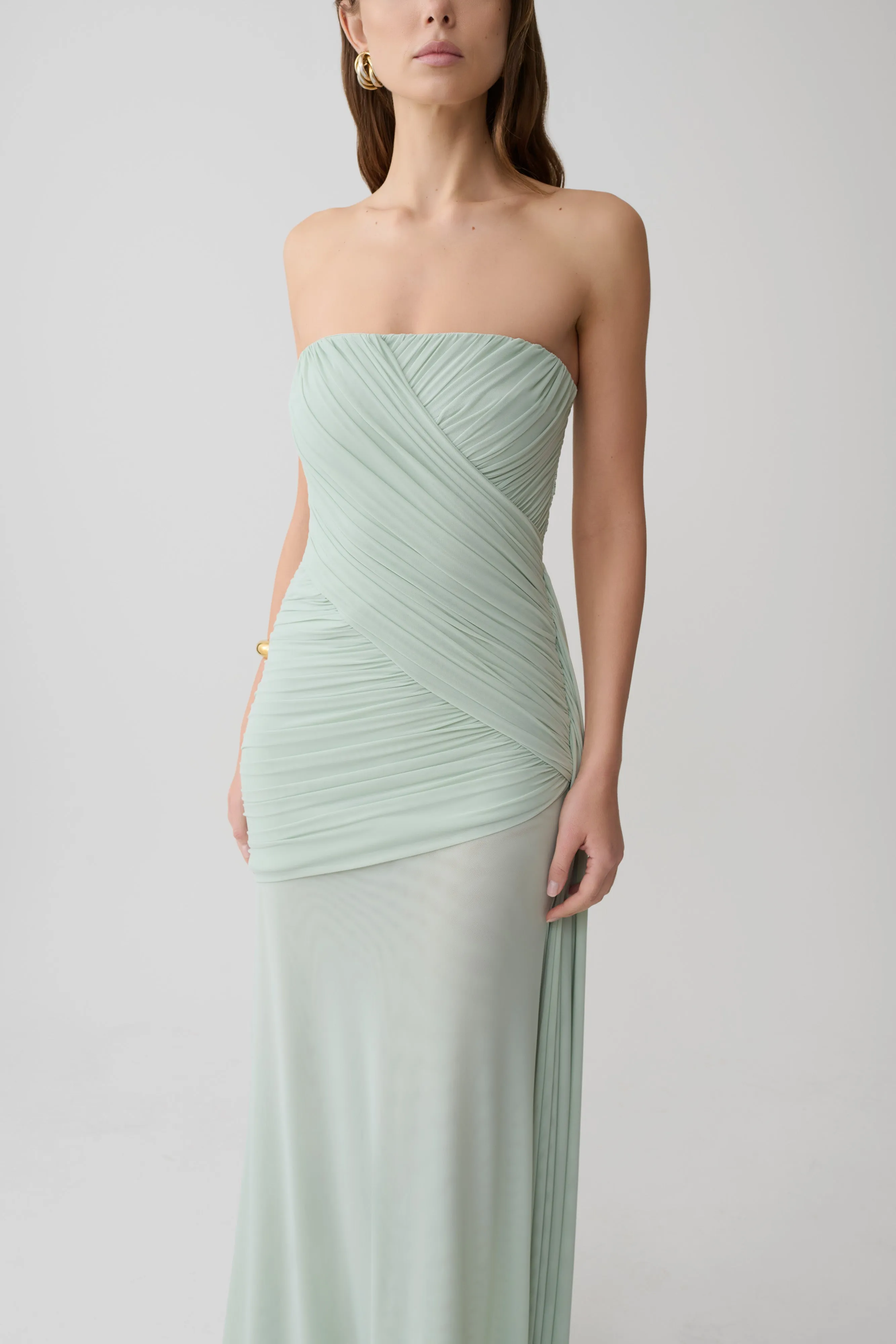 Monet Strapless Ruched Mesh Maxi Dress - Aqua Grey sold by Meshki product image thumbnail 3