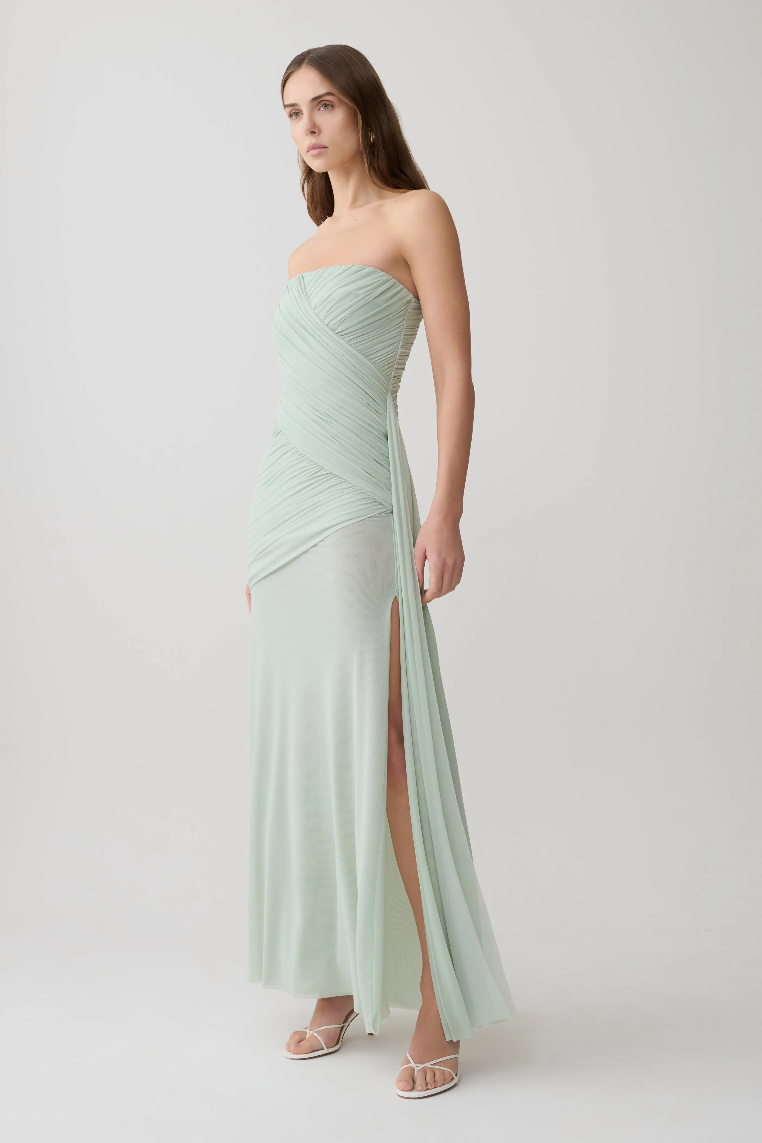 Monet Strapless Ruched Mesh Maxi Dress - Aqua Grey sold by Meshki product image thumbnail 4