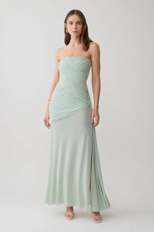 Monet Strapless Ruched Mesh Maxi Dress - Aqua Grey made by Meshki