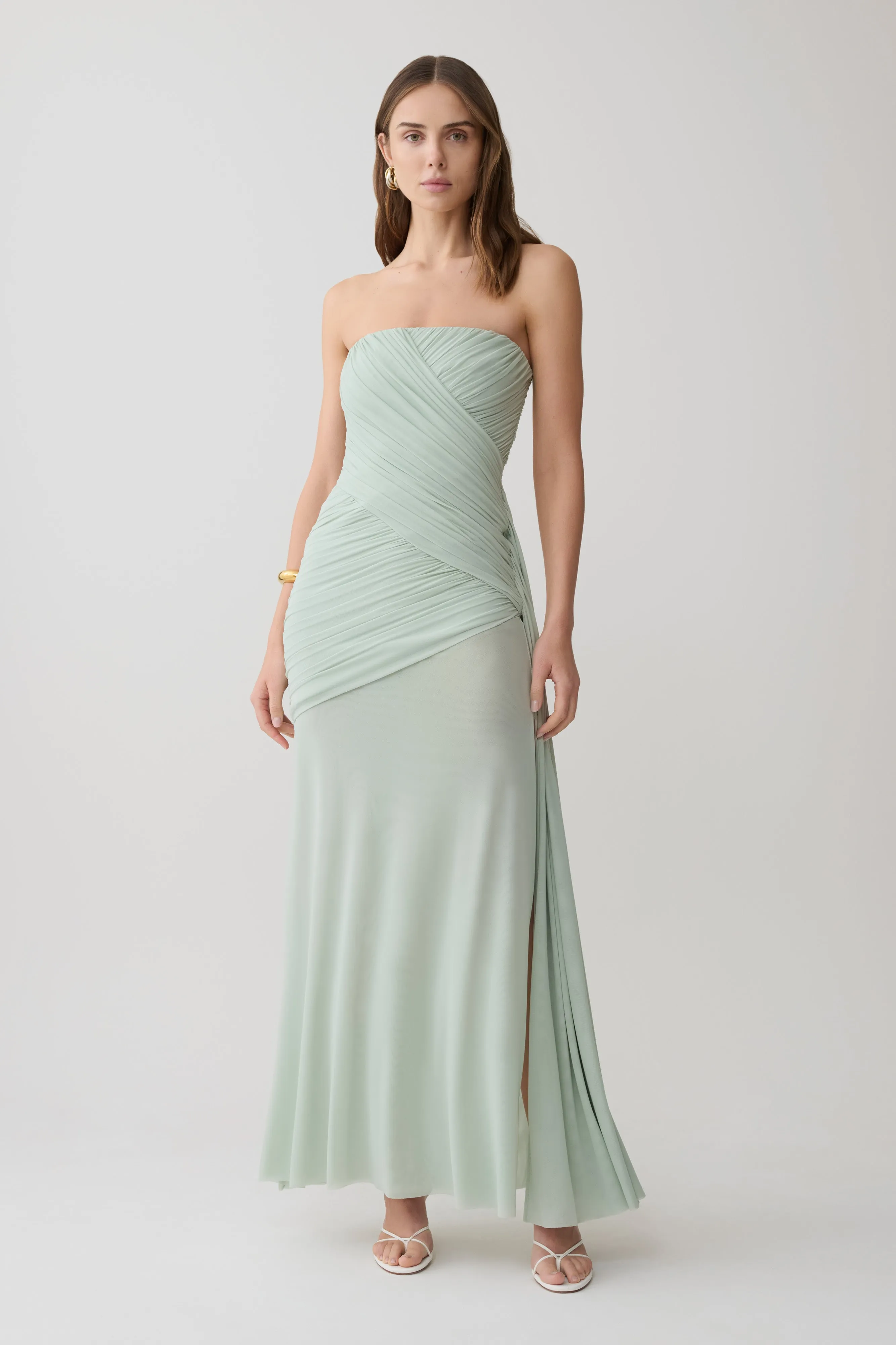 Monet Strapless Ruched Mesh Maxi Dress - Aqua Grey sold by Meshki