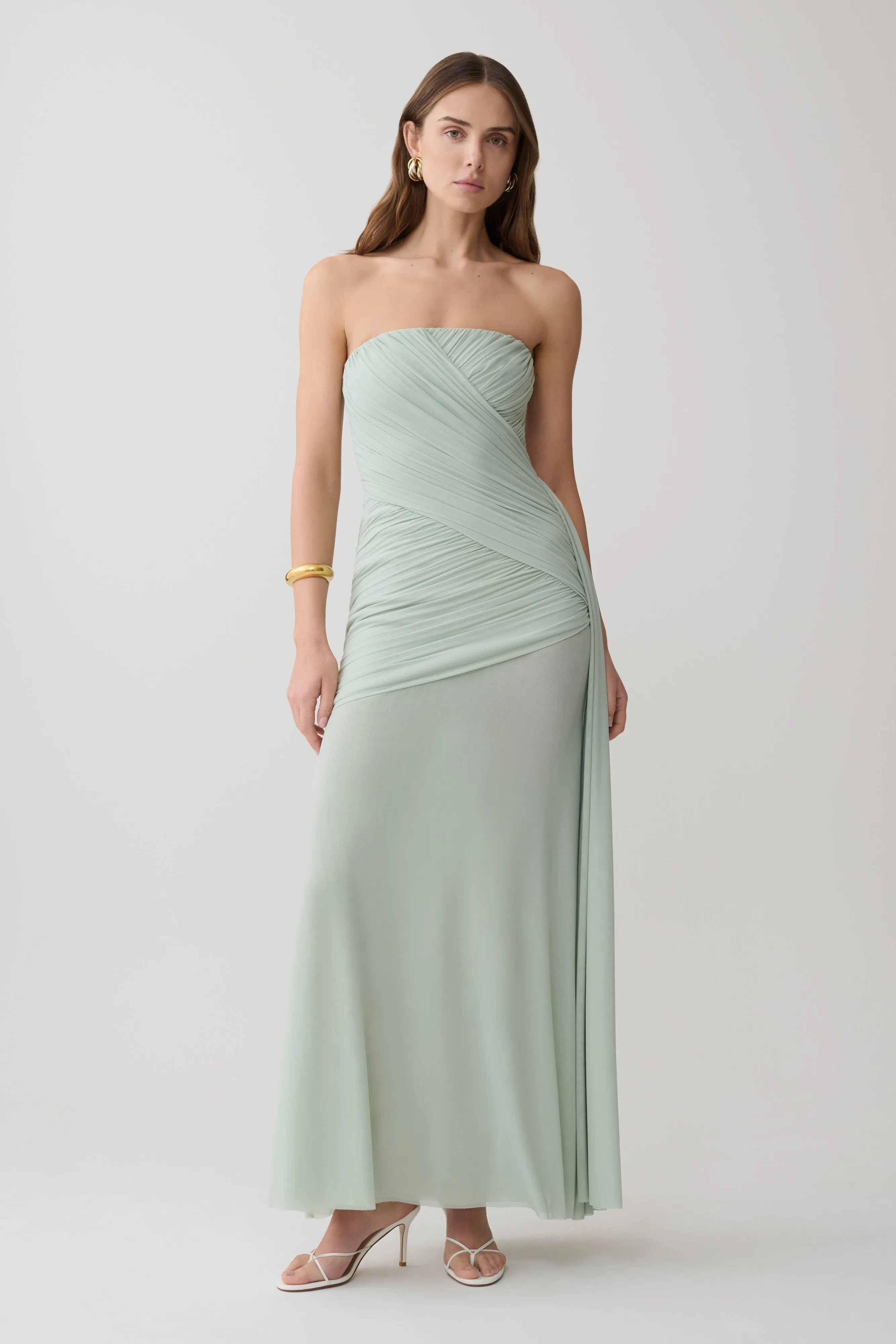 Monet Strapless Ruched Mesh Maxi Dress - Aqua Grey sold by Meshki product image thumbnail 5