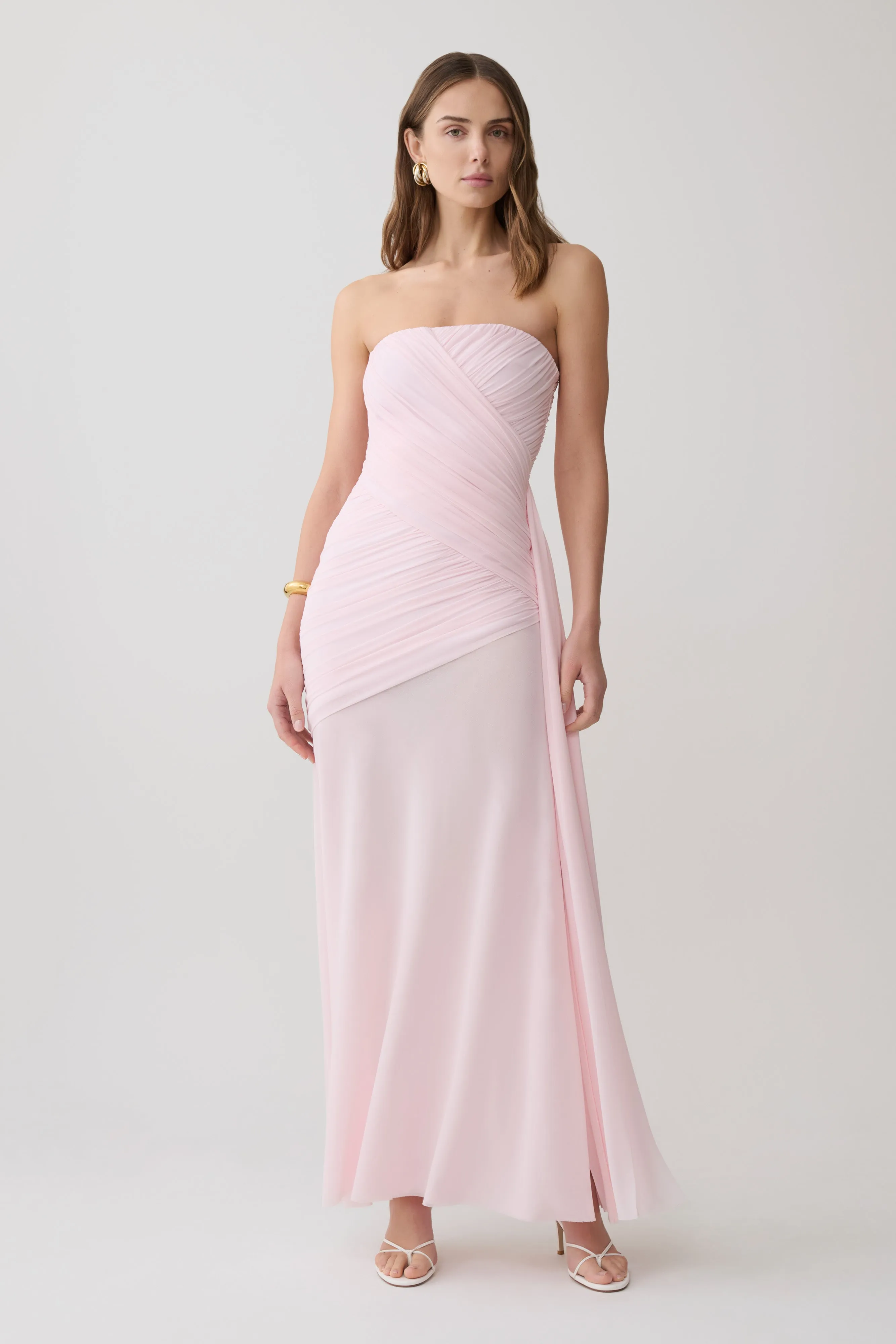 Monet Strapless Ruched Mesh Maxi Dress - Ballet Pink sold by Meshki product image thumbnail 5