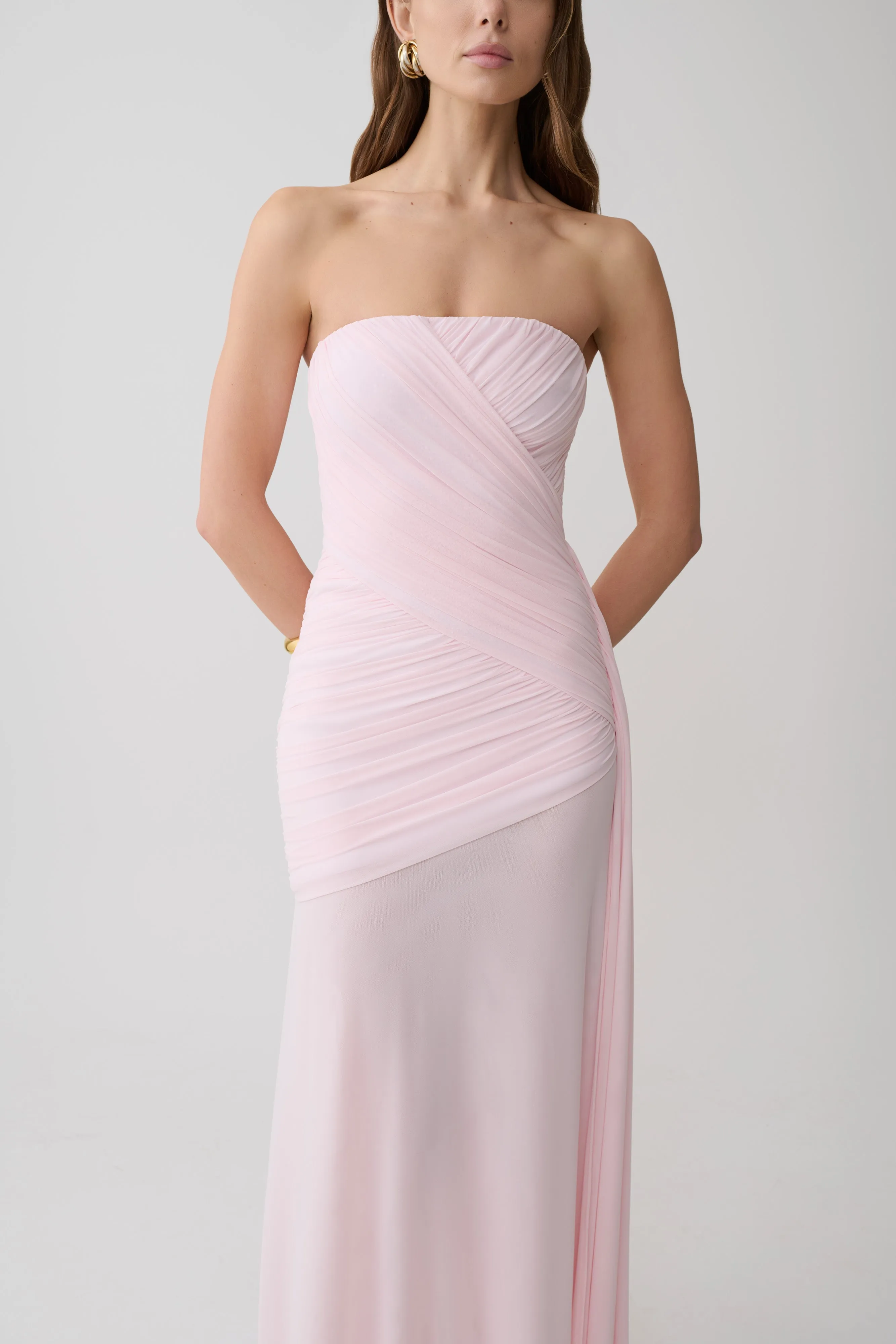 Monet Strapless Ruched Mesh Maxi Dress - Ballet Pink sold by Meshki product image thumbnail 3