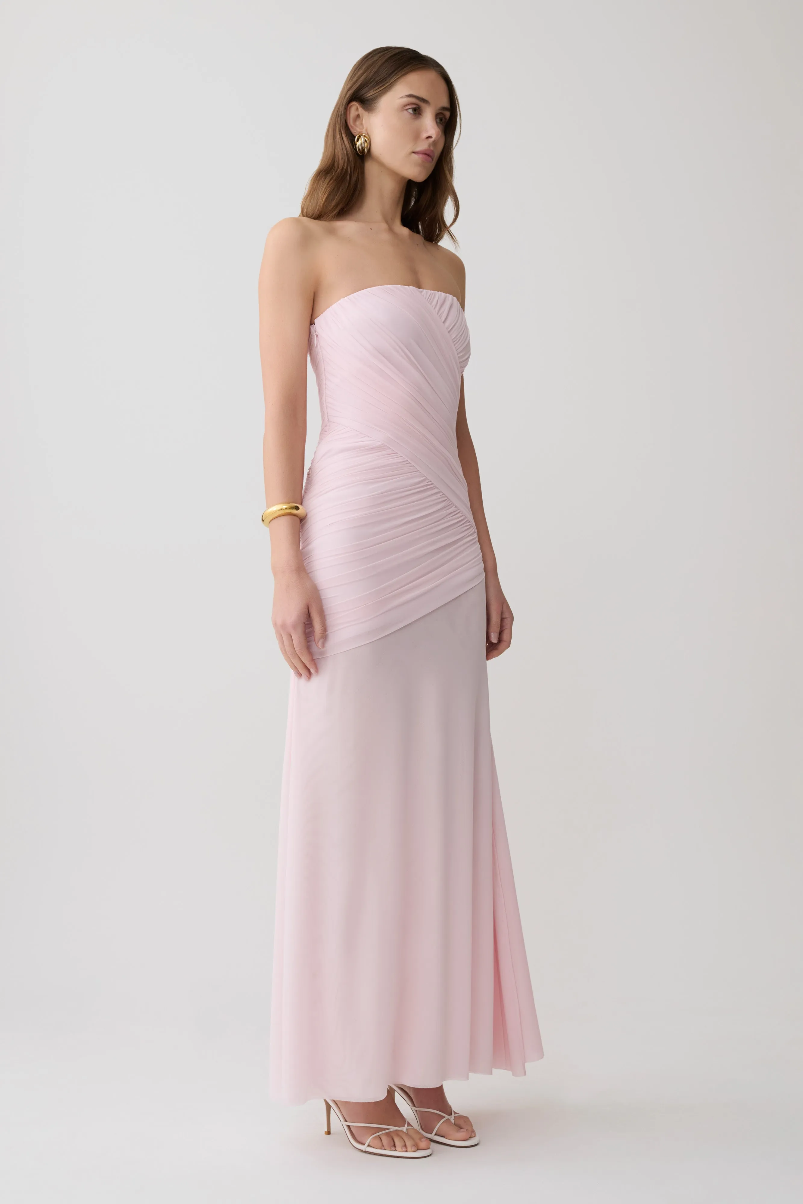 Monet Strapless Ruched Mesh Maxi Dress - Ballet Pink sold by Meshki product image thumbnail 4