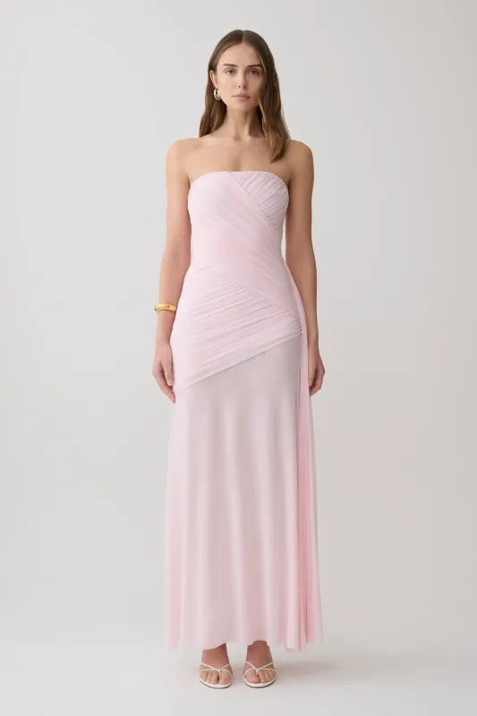 Monet Strapless Ruched Mesh Maxi Dress - Ballet Pink made by Meshki