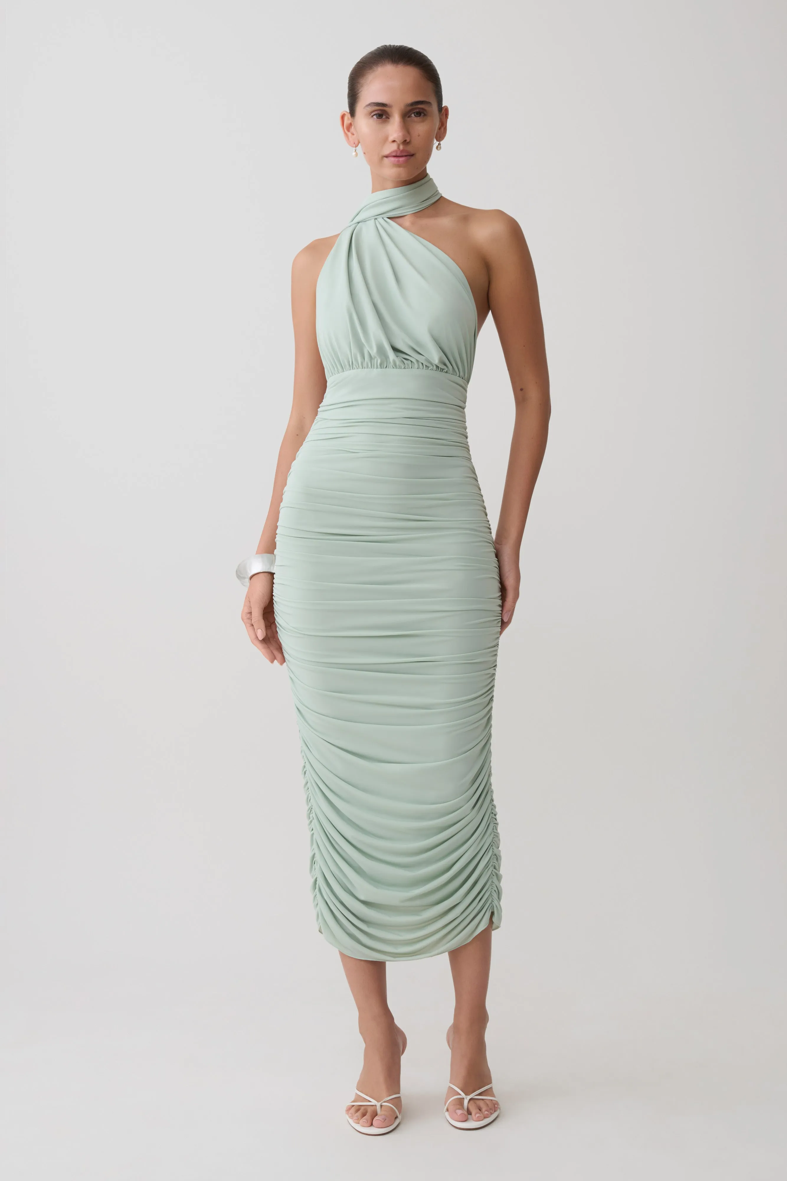 Giannie Draped Midi Dress - Aqua Grey sold by Meshki
