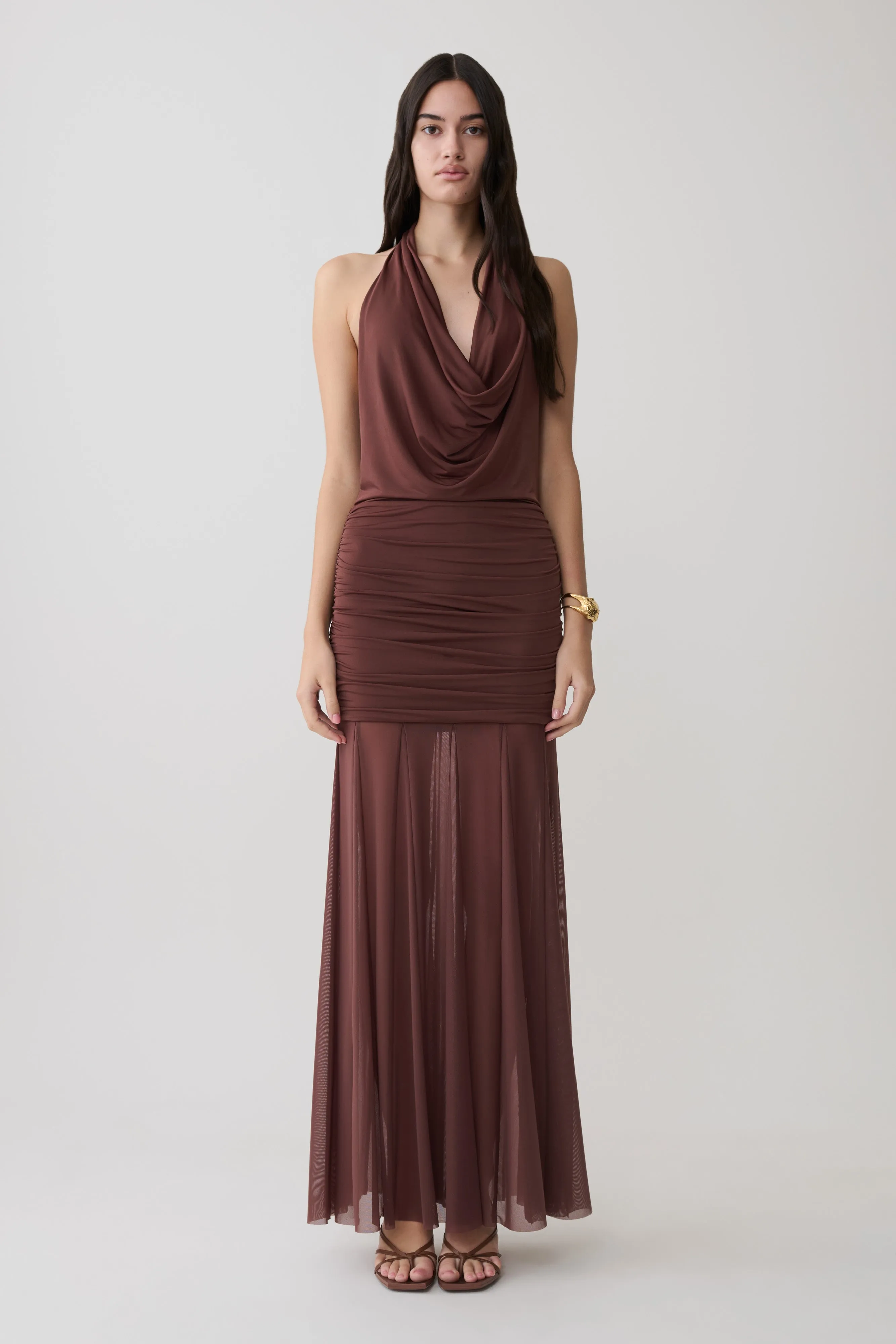 Jorja Draped Halter Slinky Maxi Dress - Chocolate sold by Meshki product image thumbnail 5