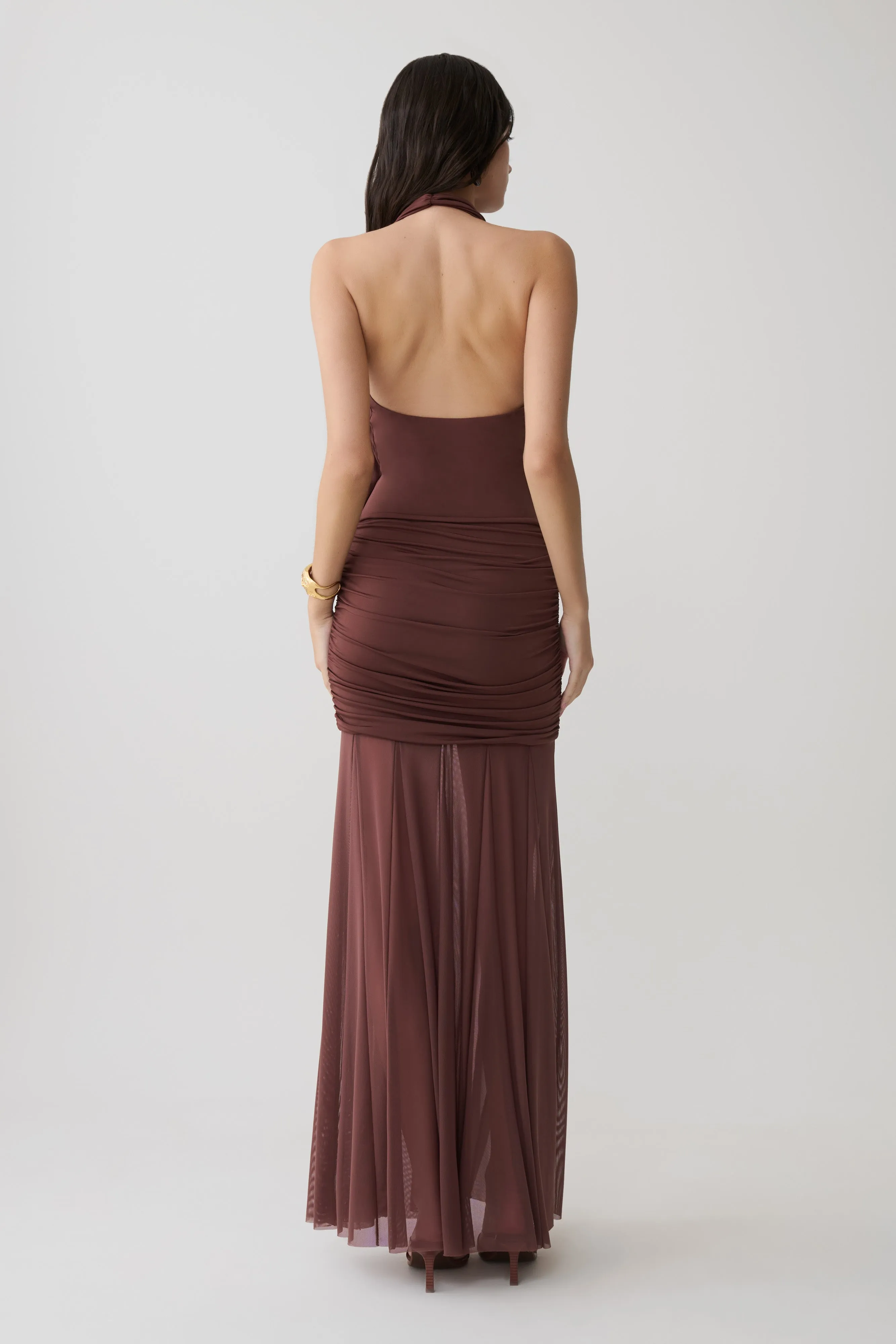 Jorja Draped Halter Slinky Maxi Dress - Chocolate sold by Meshki product image thumbnail 2