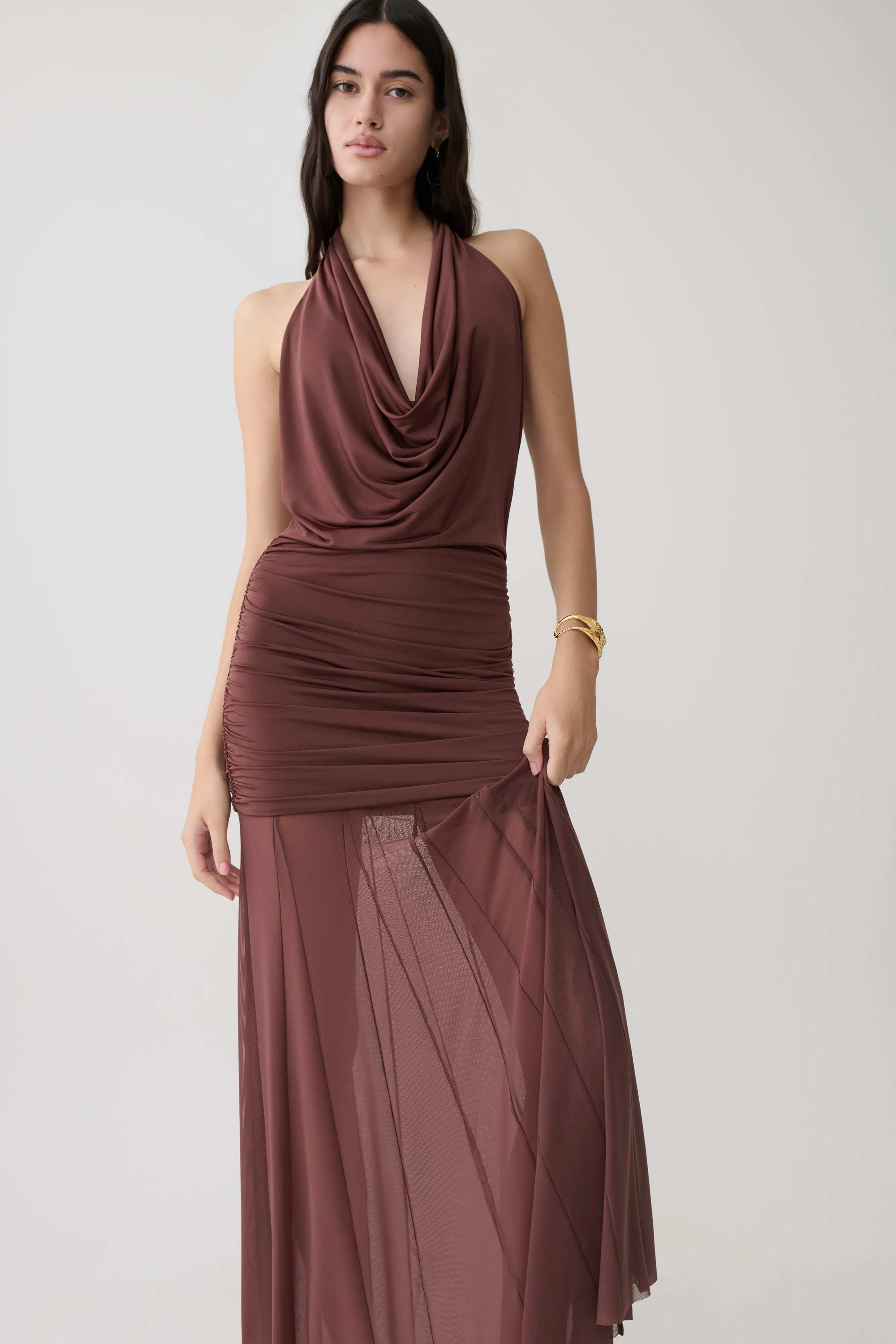 Jorja Draped Halter Slinky Maxi Dress - Chocolate sold by Meshki product image thumbnail 3