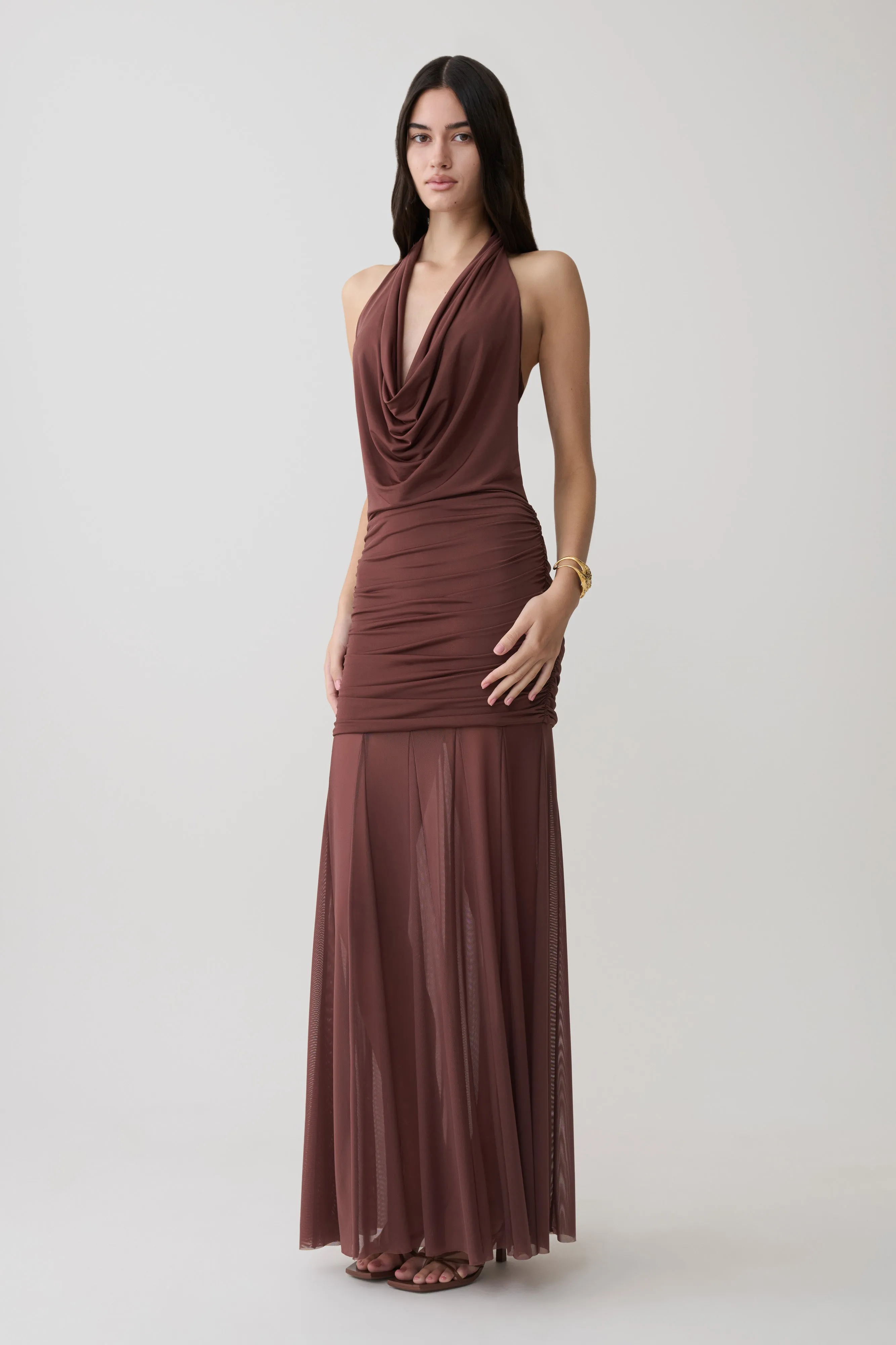 Jorja Draped Halter Slinky Maxi Dress - Chocolate sold by Meshki product image thumbnail 4