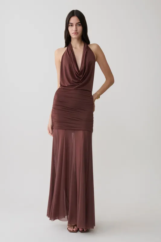 Jorja Draped Halter Slinky Maxi Dress - Chocolate made by Meshki