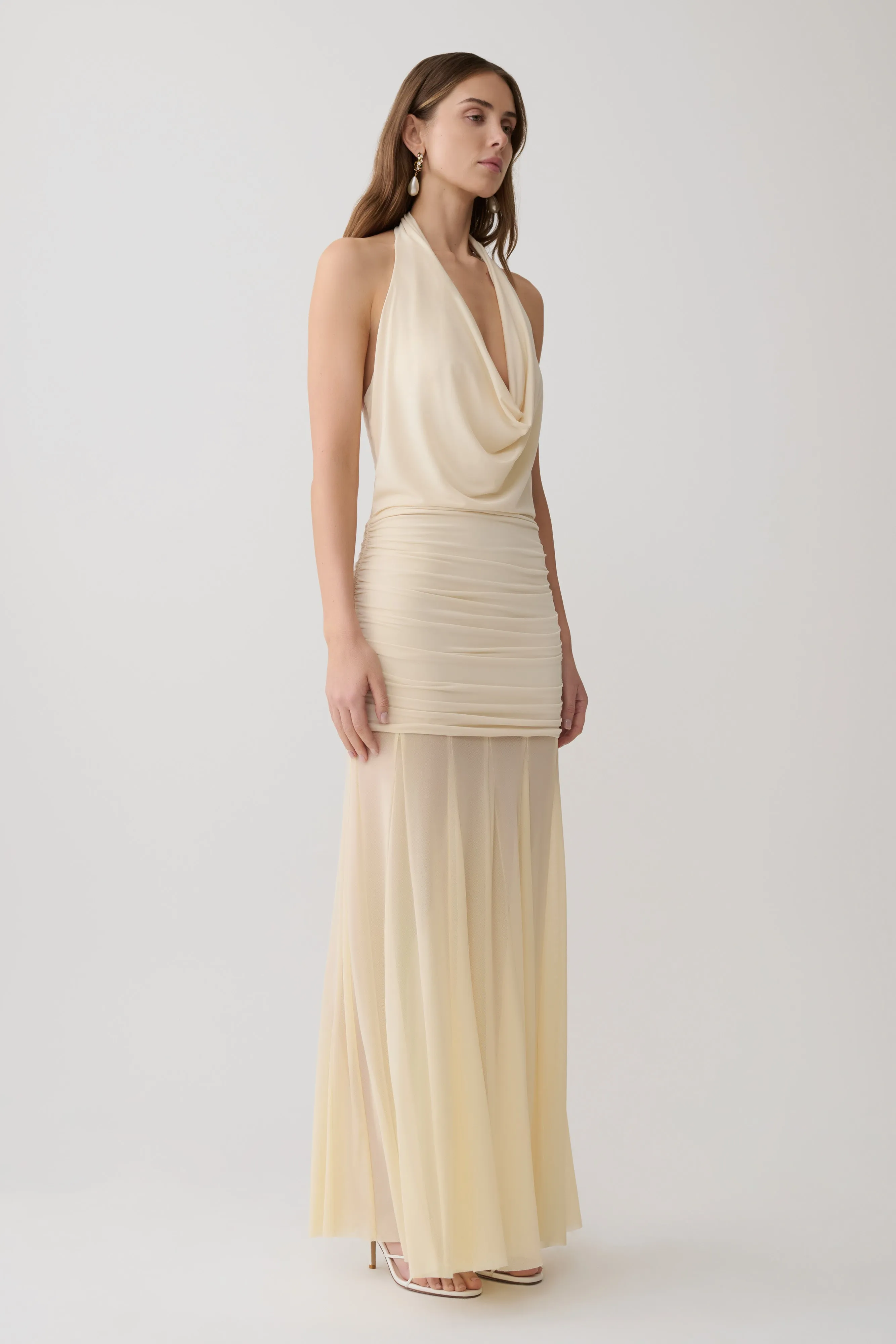 Jorja Draped Halter Slinky Maxi Dress - Ivory sold by Meshki product image thumbnail 4