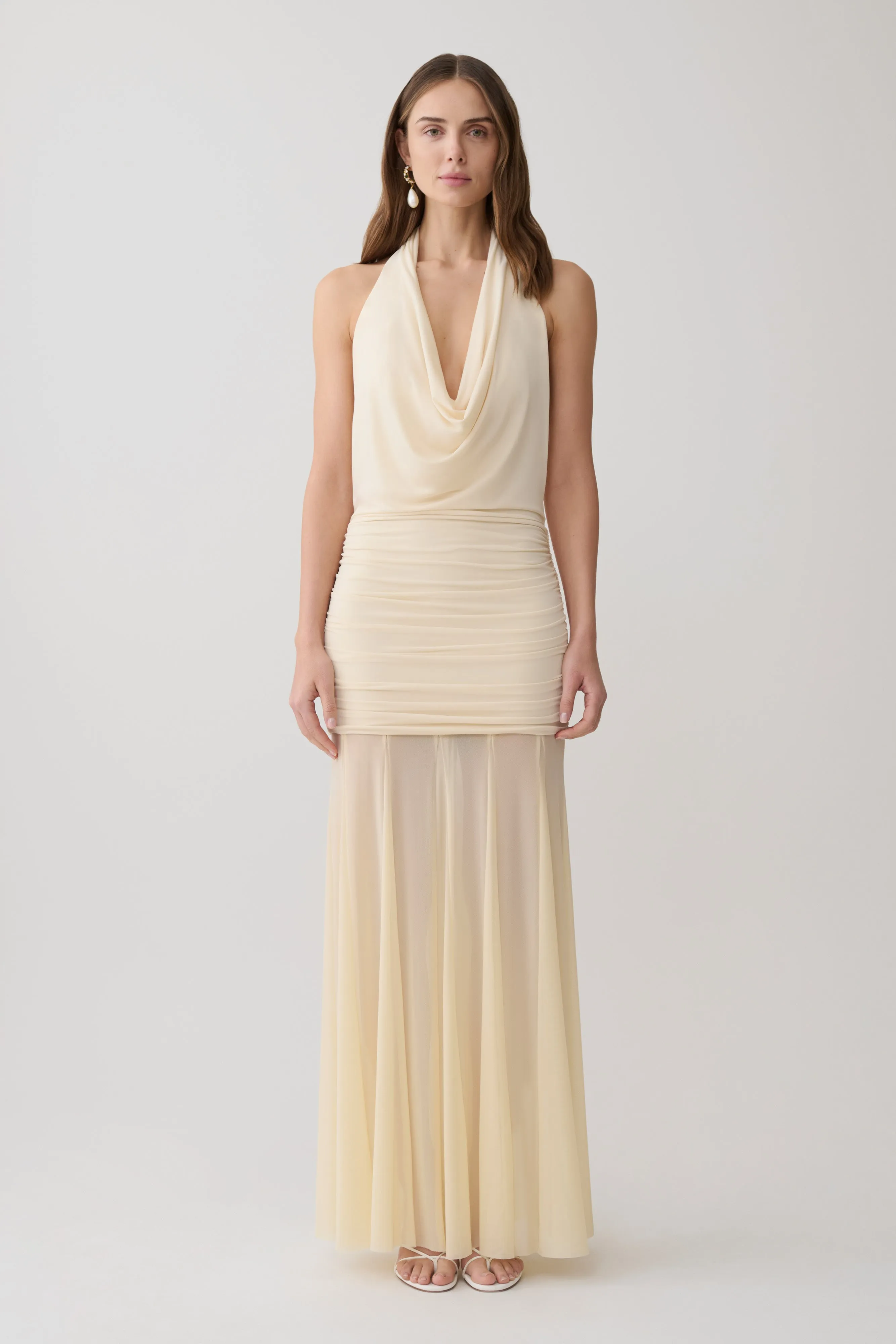 Jorja Draped Halter Slinky Maxi Dress - Ivory sold by Meshki