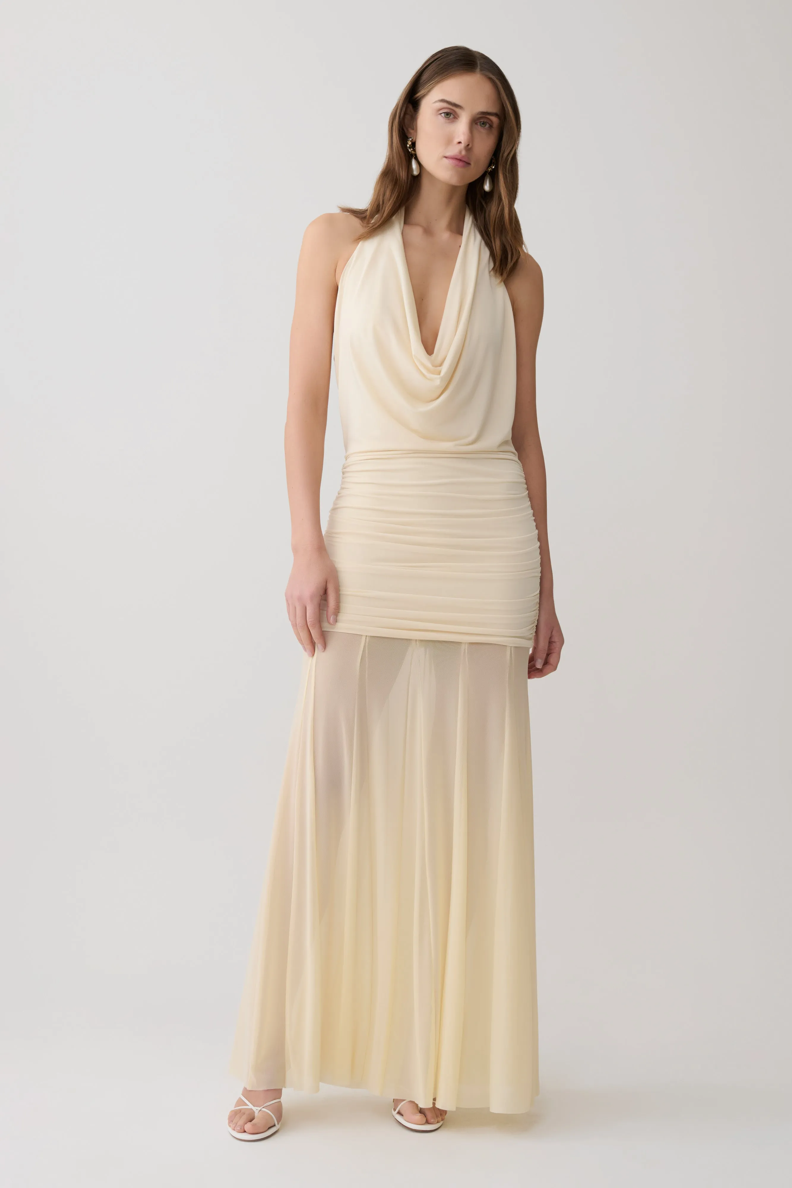 Jorja Draped Halter Slinky Maxi Dress - Ivory sold by Meshki product image thumbnail 5