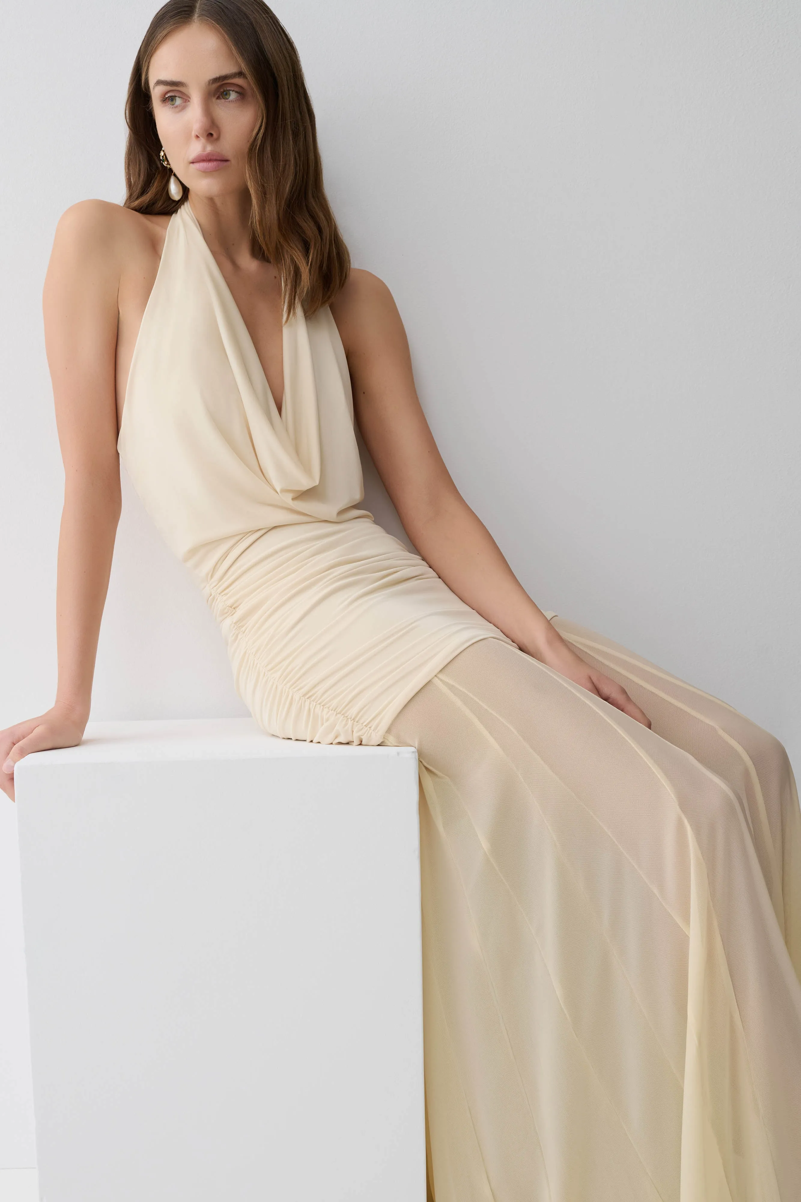 Jorja Draped Halter Slinky Maxi Dress - Ivory sold by Meshki product image thumbnail 3