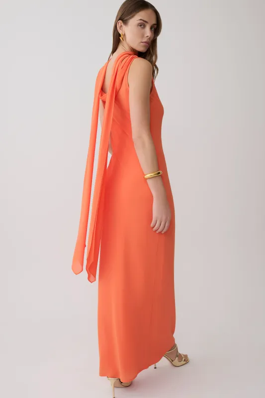 Dakota Chiffon Maxi Dress With Scarf - Orange made by Meshki