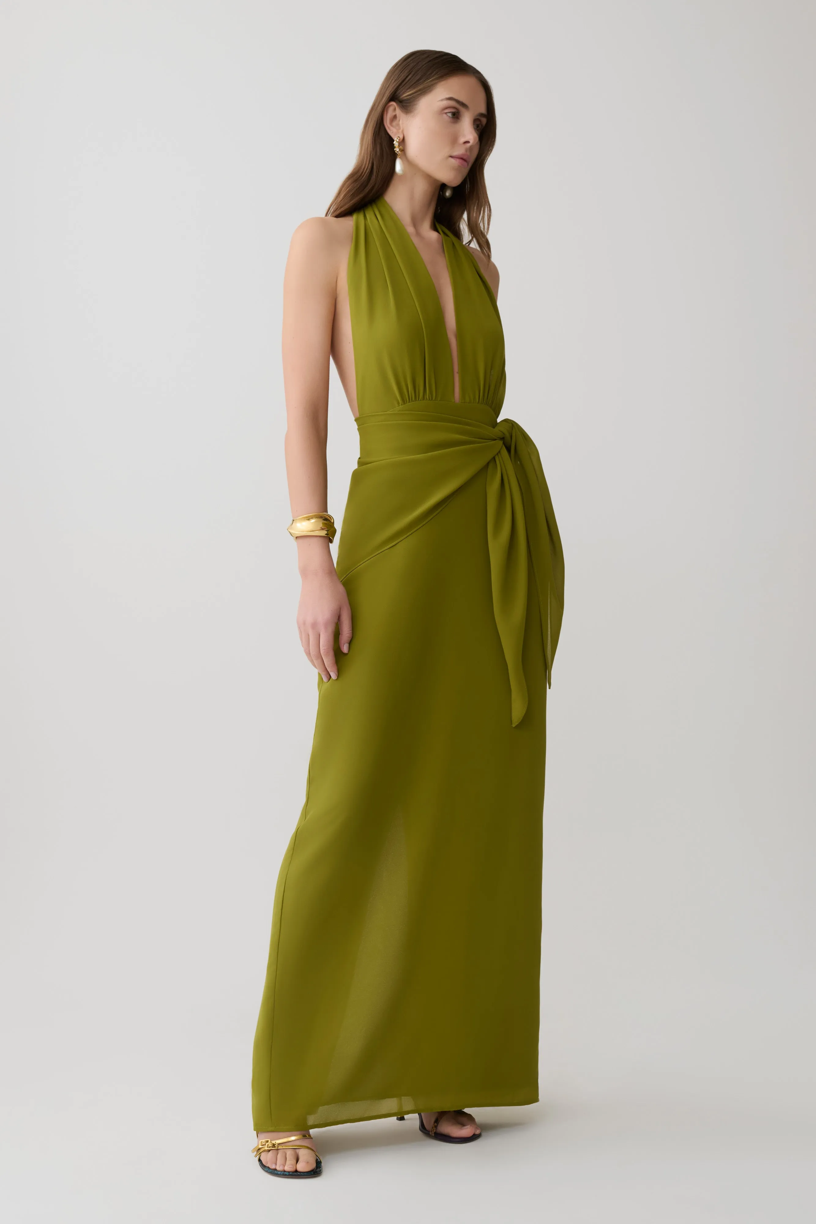 Gianna Satin Halter Maxi Dress - Olive sold by Meshki product image thumbnail 4