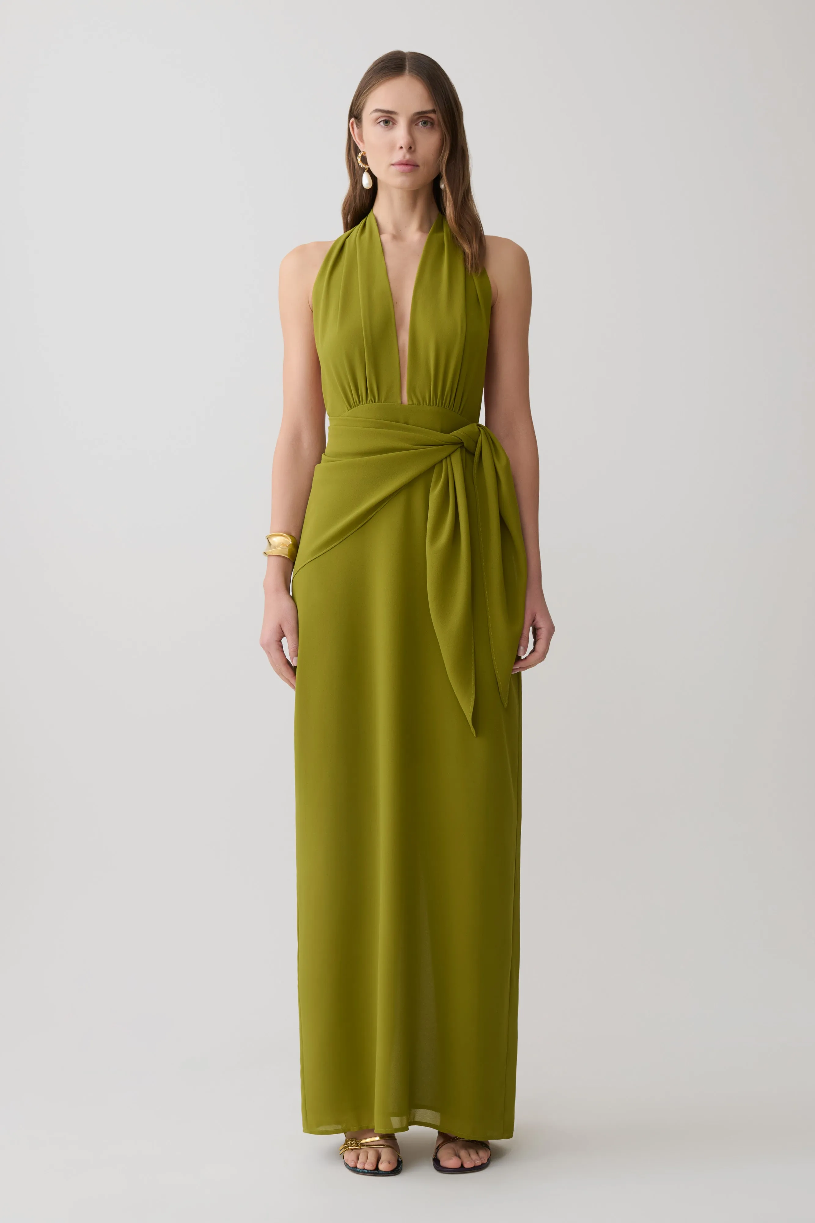 Gianna Satin Halter Maxi Dress - Olive sold by Meshki