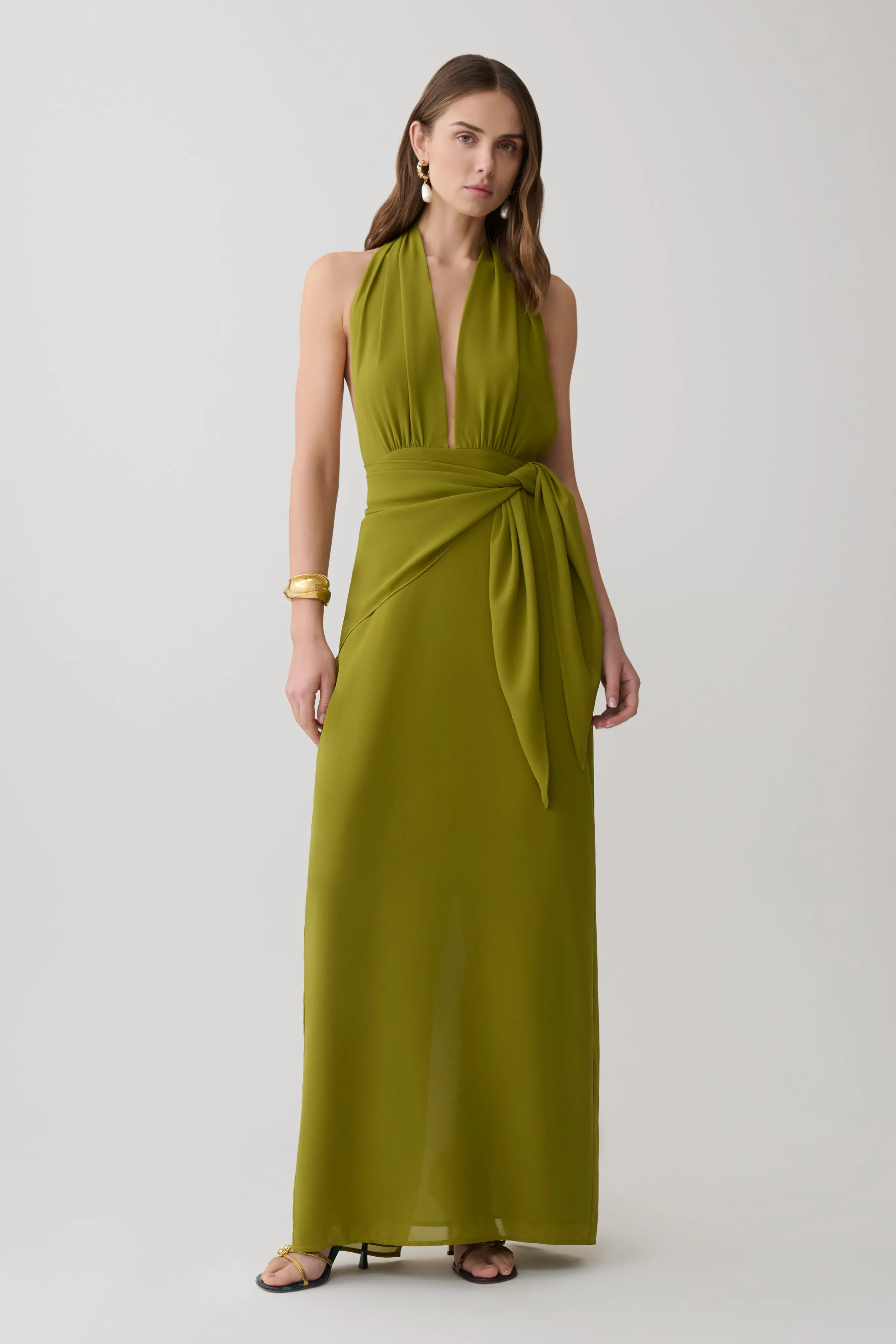 Gianna Satin Halter Maxi Dress - Olive sold by Meshki product image thumbnail 5